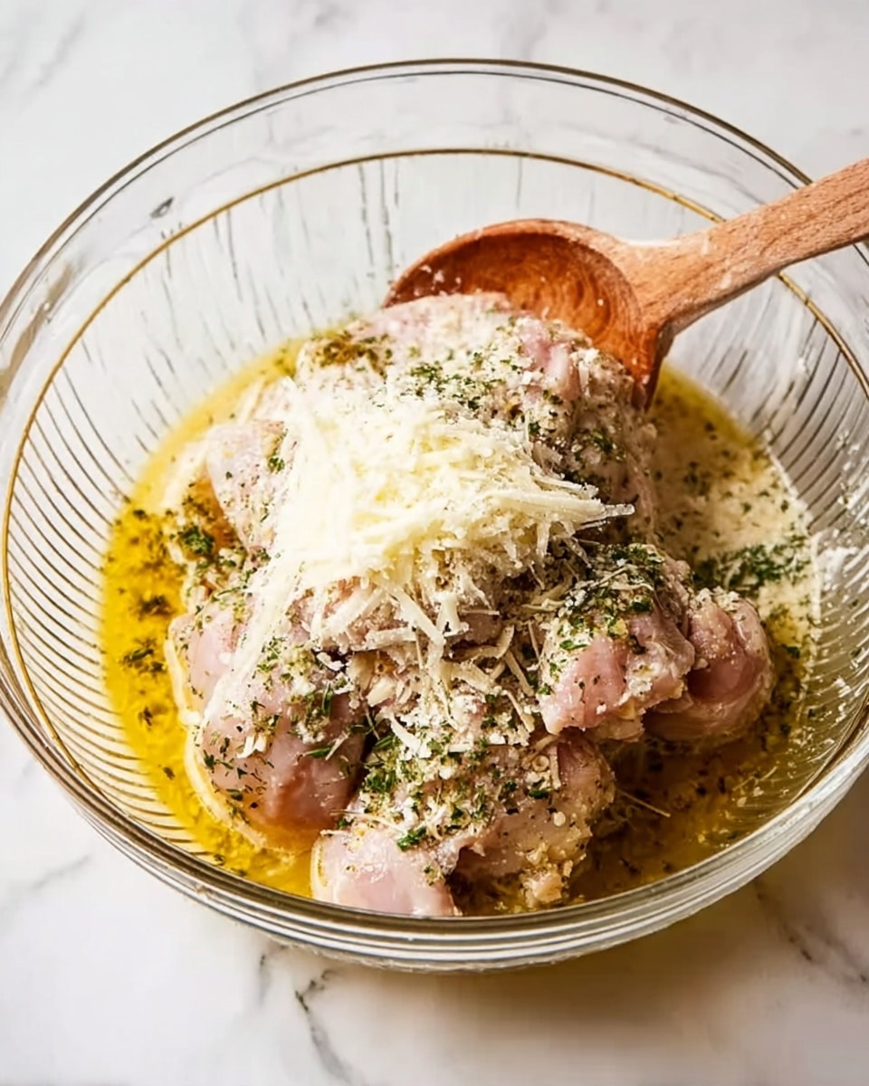 The image shows a clear glass bowl on a white marbled surface, filled with raw chicken pieces. On top of the chicken, there is a layer of grated cheese that is white to pale yellow in color. A wooden spoon is partially stirring the mixture, touching the chicken pieces that have some green herbs sprinkled on them. The chicken rests in a pool of yellowish liquid, likely a marinade, which surrounds the pieces inside the bowl. The clear glass bowl has simple vertical ridges around its edges. Photo taken with an iphone --ar 4:5 --v 7