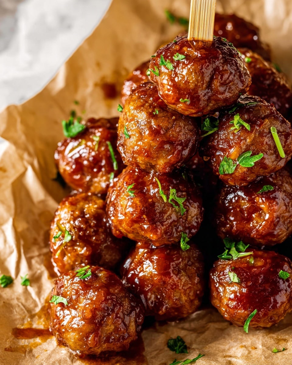 A close-up view of a group of shiny brown meatballs covered in a sticky, glossy sauce. The meatballs are stacked on crinkled light brown parchment paper. Small green parsley leaves are sprinkled on top of the meatballs and scattered around. A wooden skewer sticks out from the pile in the upper center. The background shows a white marbled texture. photo taken with an iphone --ar 4:5 --v 7