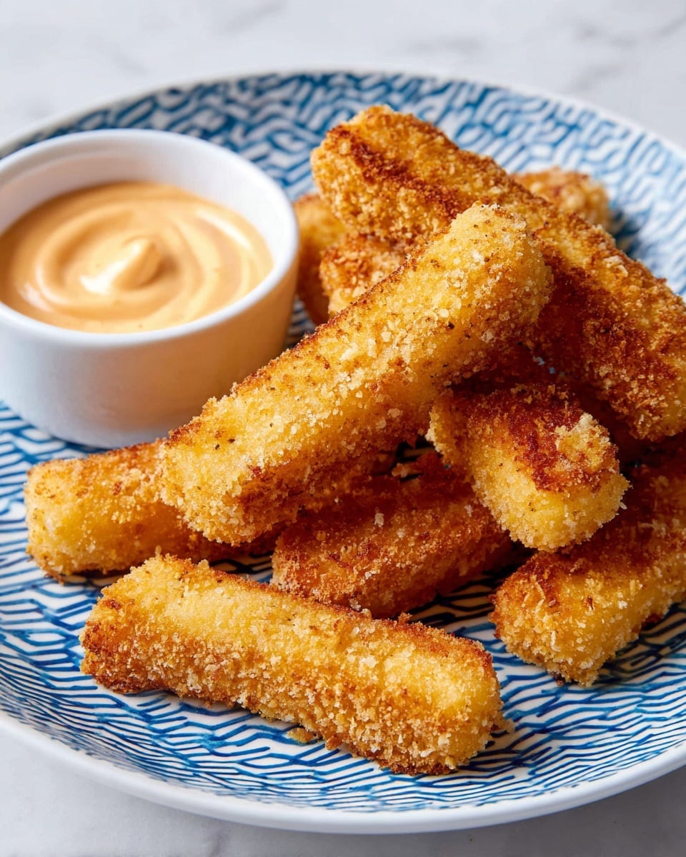 A white plate with a blue geometric grid pattern holds a pile of golden brown breaded sticks, each textured with a crispy crumb coating. The sticks are long with rounded edges and arranged in a casual stack, with one leaning against a small white bowl filled with a creamy light orange dipping sauce that has a smooth, slightly swirled surface. The plate sits on a white marbled texture surface. photo taken with an iphone --ar 4:5 --v 7