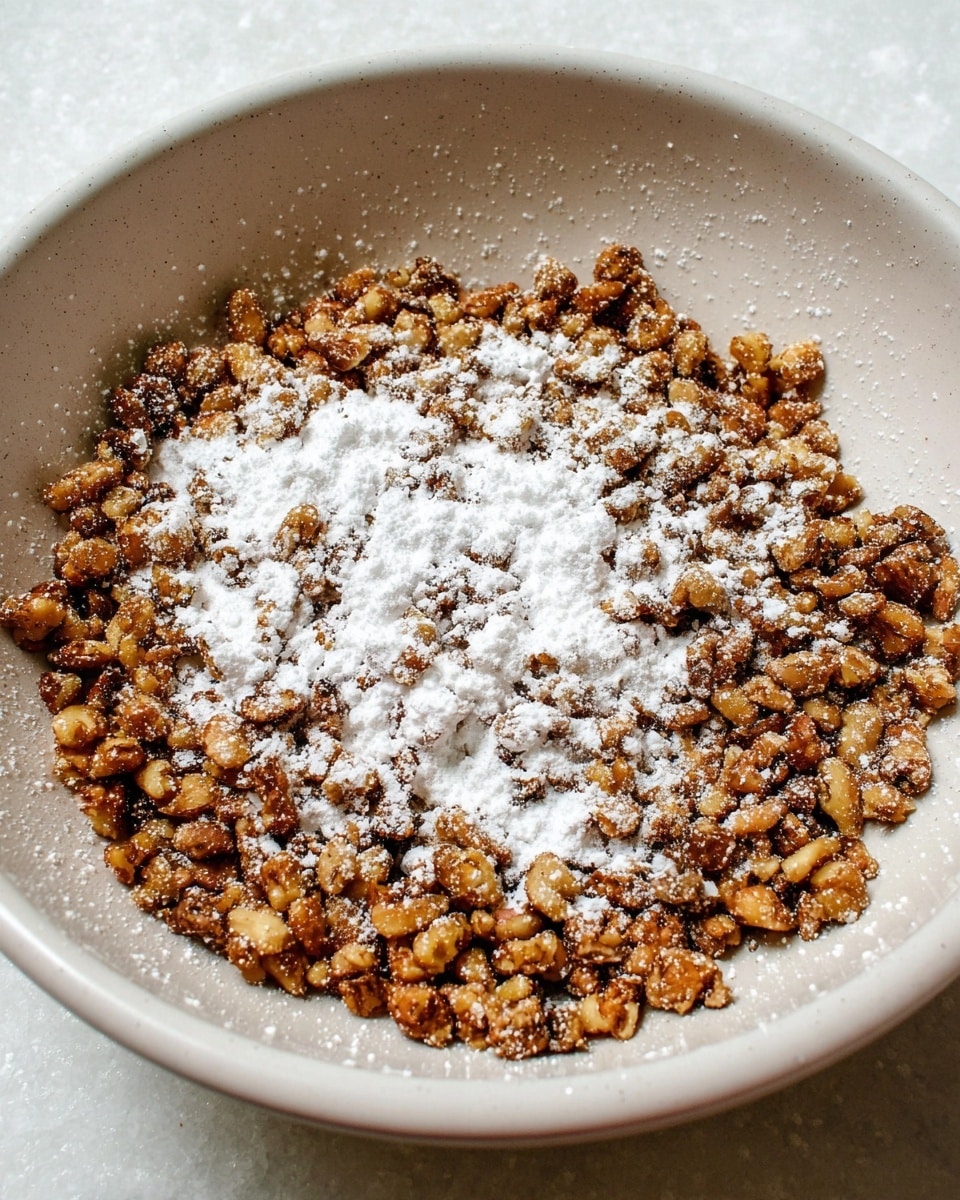 A close-up image of small brown chopped nuts spread evenly in a shallow white bowl with a light texture, topped with a thin layer of white powdered sugar scattered loosely across the nuts. The nuts have a slightly rough texture with visible pieces, and the powdered sugar creates a soft contrast on top. The bowl is placed on a white marbled surface. Photo taken with an iphone --ar 4:5 --v 7