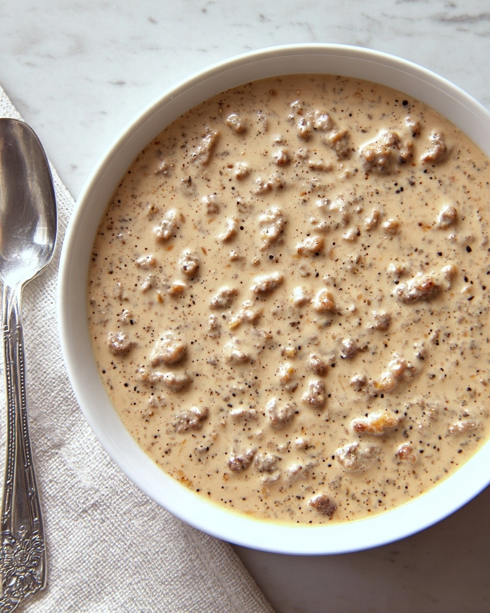 A close-up view of a creamy sauce with small bits of brown meat mixed throughout, filling a white bowl. The sauce is light beige with a smooth, thick texture, speckled with tiny black pepper flakes. The bowl is placed on a white marbled surface. Next to the bowl, a detailed silver spoon is partially visible on the left side of the frame. The whole scene is bright and clear, showing the rich texture of the sauce with some chunks floating inside photo taken with an iphone --ar 4:5 --v 7