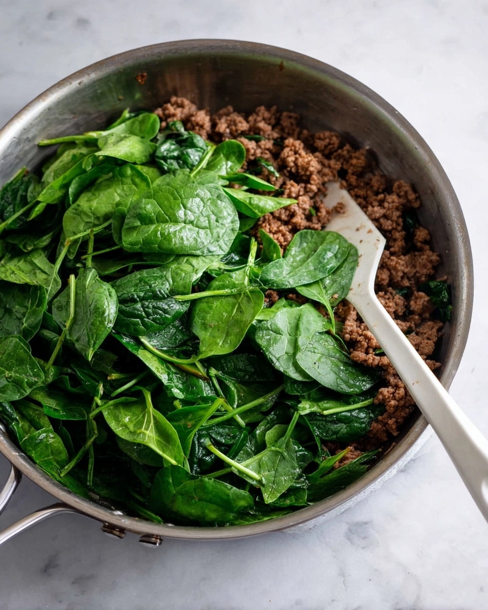 A silver pan filled with two layers: the bottom layer is brown cooked ground meat with a crumbly texture, and the top layer is bright green fresh spinach leaves with visible veins and stems, not mixed thoroughly. A white spatula is resting on the right side inside the pan. The pan is on a white marbled surface. Photo taken with an iphone --ar 4:5 --v 7