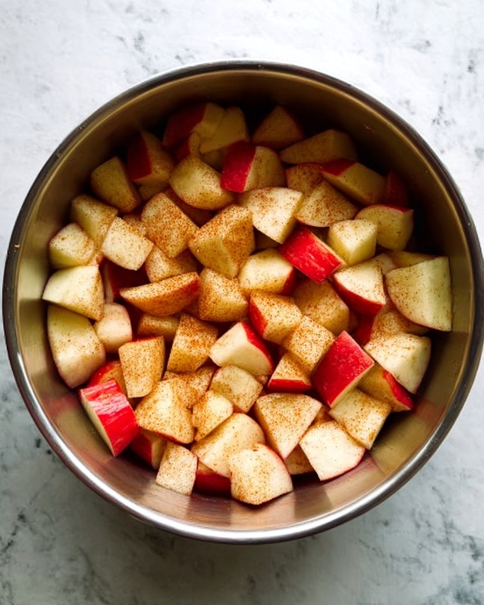 A round metal pan filled with many small pieces of red and pale yellow apple mixed with a light dusting of brown spice, showing the apples' smooth skin and juicy texture clearly, resting on a white marbled surface. photo taken with an iphone --ar 4:5 --v 7