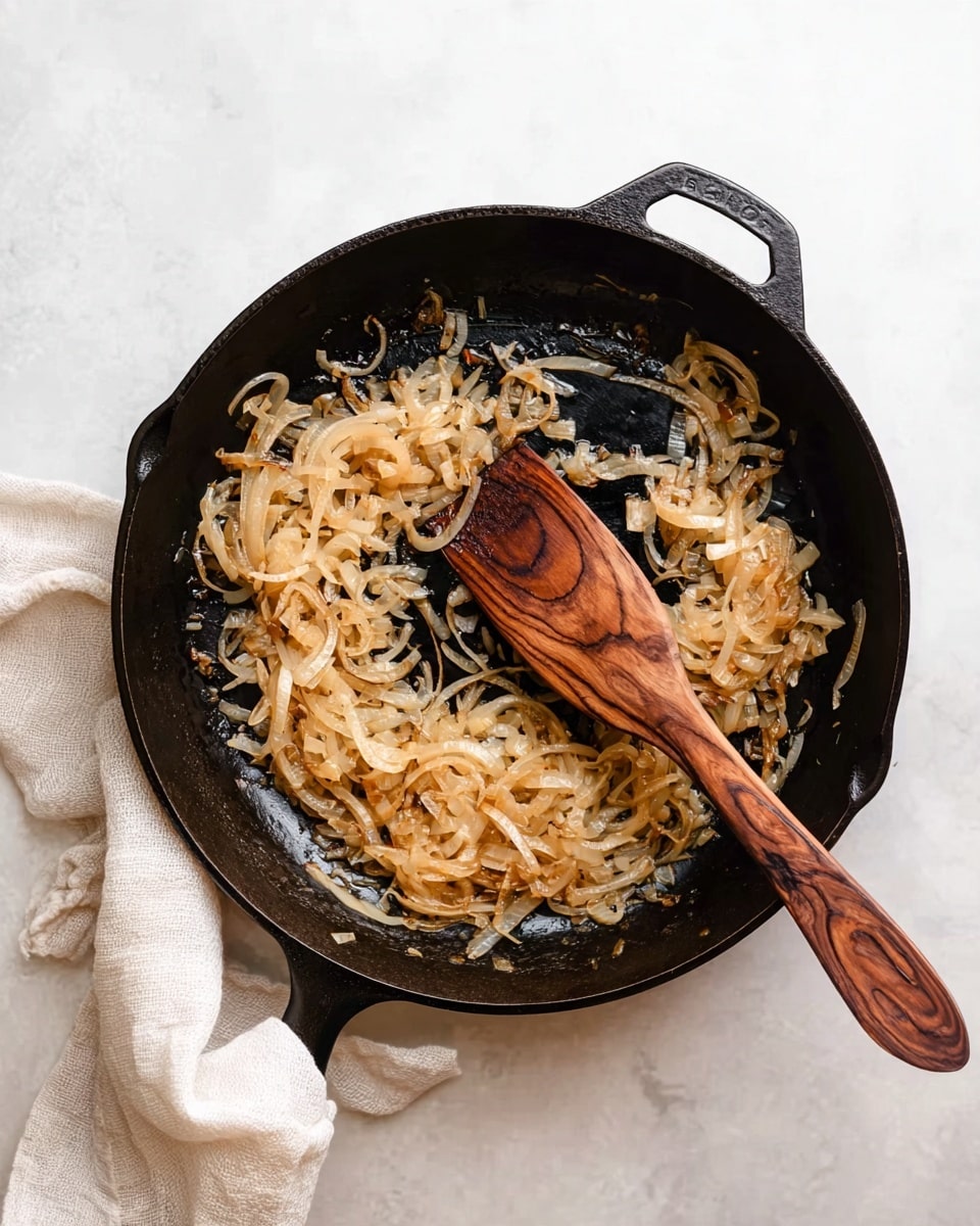A black cast iron pan sitting on a white marbled surface holds a single layer of thinly sliced caramelized onions, light golden brown in color with some translucent parts, spread mostly on one side. A wooden spatula with a rich brown grain lies diagonally inside the pan, its broad flat end partly covered by the onions, ready to stir. A white cloth is tucked around the handle of the pan, adding softness to the scene. Photo taken with an iphone --ar 4:5 --v 7