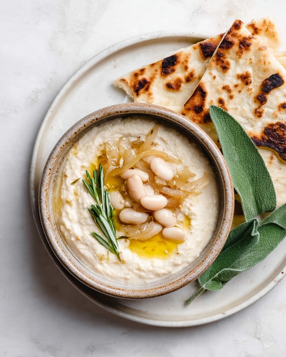 A rustic light brown bowl filled with creamy white bean dip with a smooth, slightly chunky texture is centered on a white plate on a white marbled surface. On top of the dip, there is a small pool of golden olive oil, several pale white beans, and caramelized light brown onions arranged toward the left side. A small green rosemary sprig lies on the right part of the dip. Next to the bowl, in the upper part of the plate, are folded pieces of lightly toasted flatbread with dark brown spots. A vibrant green sage leaf peeks out from under the flatbread on the right side. photo taken with an iphone --ar 4:5 --v 7