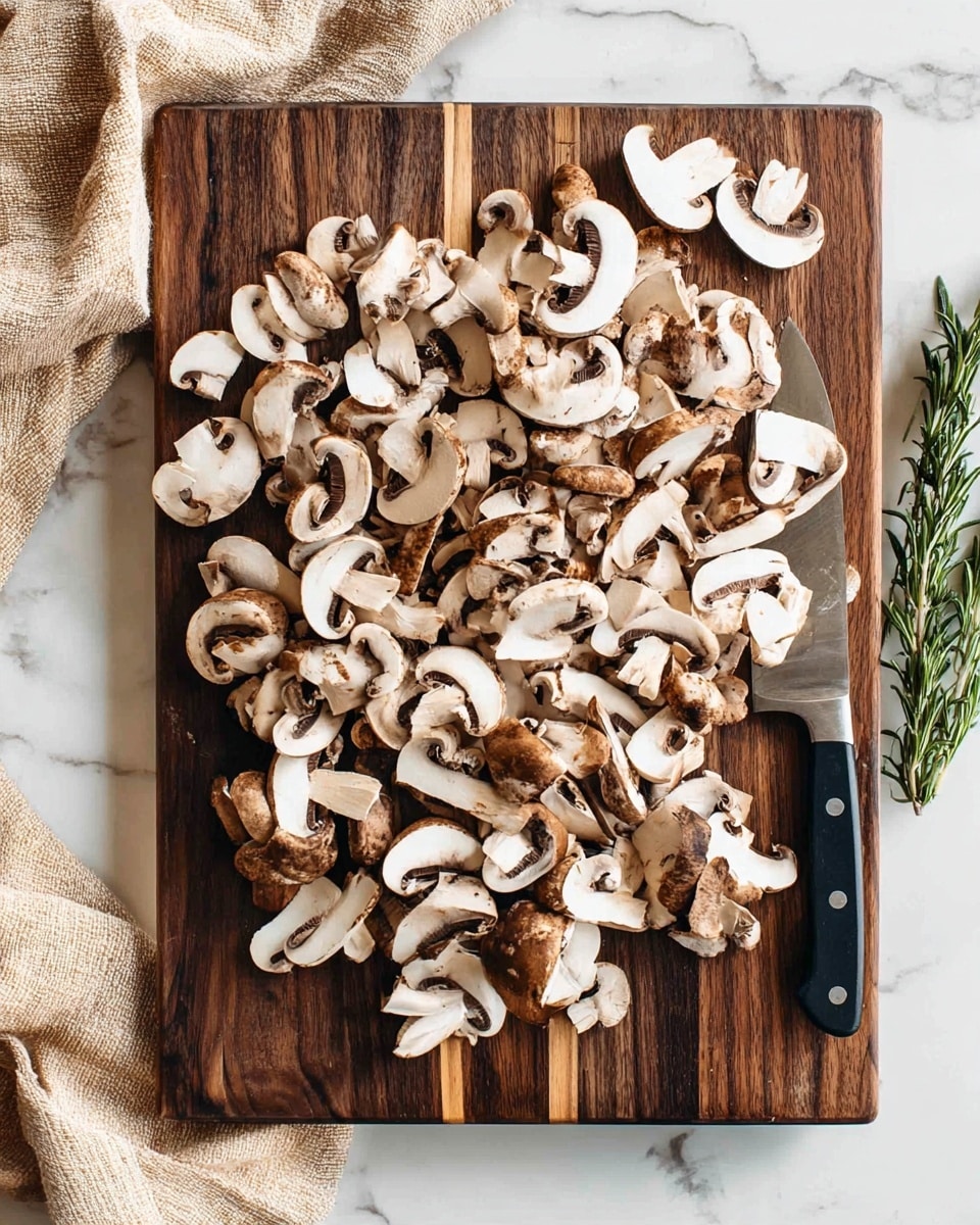 A dark brown wooden cutting board filled with many sliced white and brown mushrooms scattered all over it, showing their cream-colored inside and dark gills; a black handle knife lies among the slices on the right side of the board. The board sits on a white marbled surface with a beige cloth on the left and some fresh rosemary sprigs on the right side. photo taken with an iphone --ar 4:5 --v 7