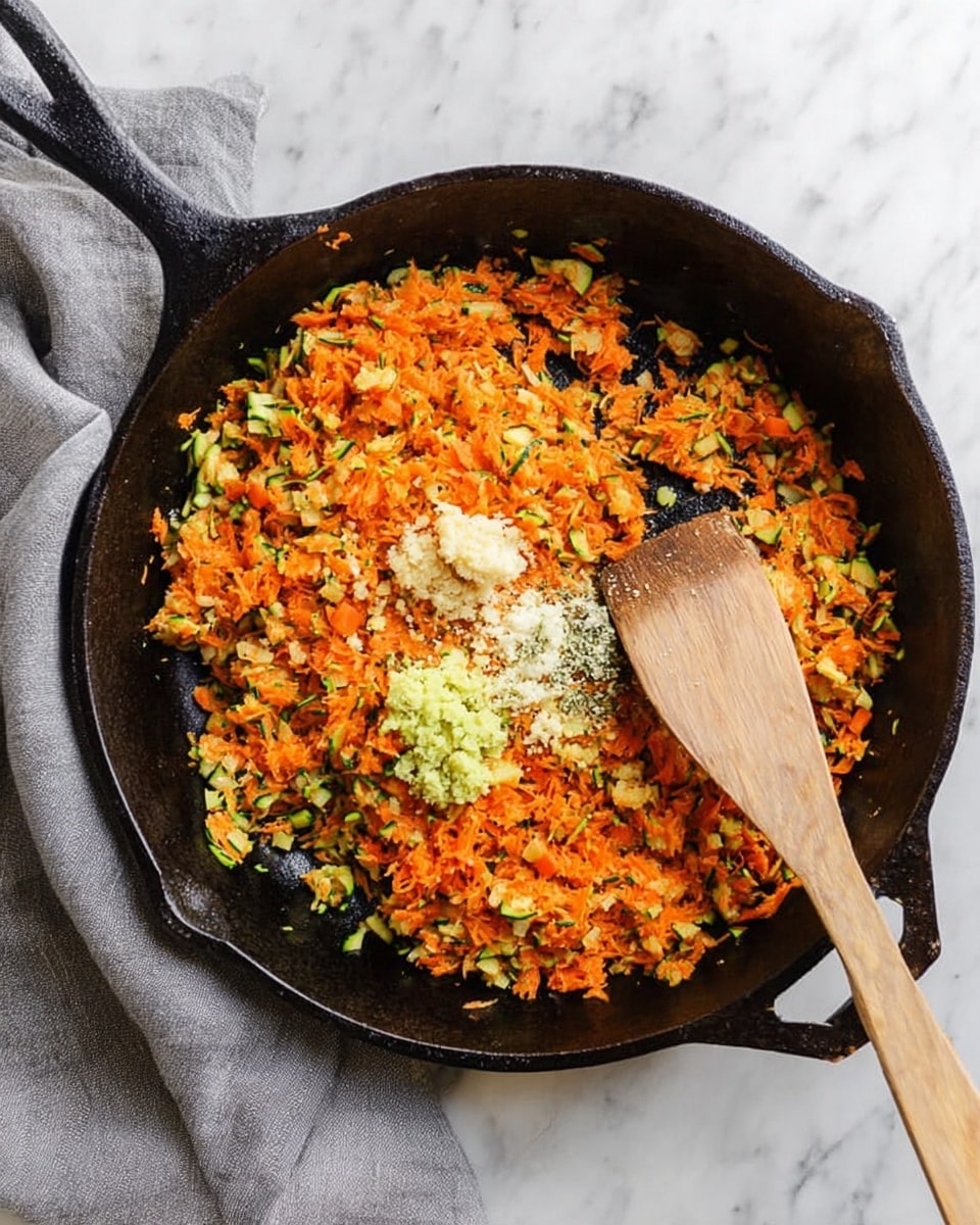 The image shows a black cast iron pan filled with a mix of finely chopped orange carrots and green zucchini, evenly spread across the pan’s surface. On top of the vegetables, there are two small piles of seasoning: one of salt and another of minced garlic. A wooden spatula is resting inside the pan, partially covered with the vegetable mix. The pan is placed on a white marbled surface, with a folded gray cloth beside it. Photo taken with an iphone --ar 4:5 --v 7