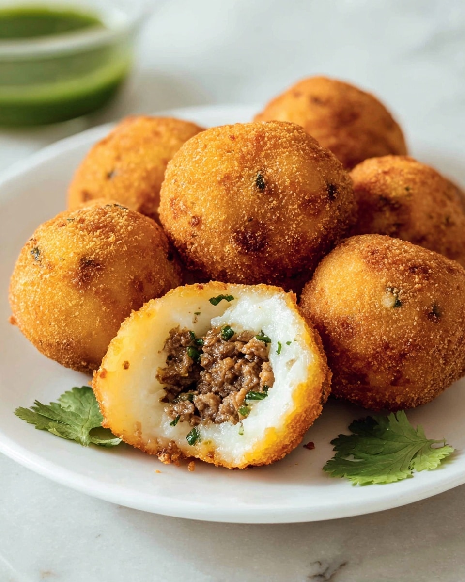 A white plate holds six golden brown crispy fried balls, one showing a cross-section with three visible layers: the outer layer is crunchy and deep golden, the middle layer is a smooth creamy white mash, and the center is filled with well-cooked minced brown meat and green herbs. The balls are arranged in a loose cluster on a white marbled surface, with a small glass container of bright green sauce and a sprig of coriander at the edge. The image is close-up and softly focused on the front ball, giving a warm and inviting look photo taken with an iphone --ar 4:5 --v 7