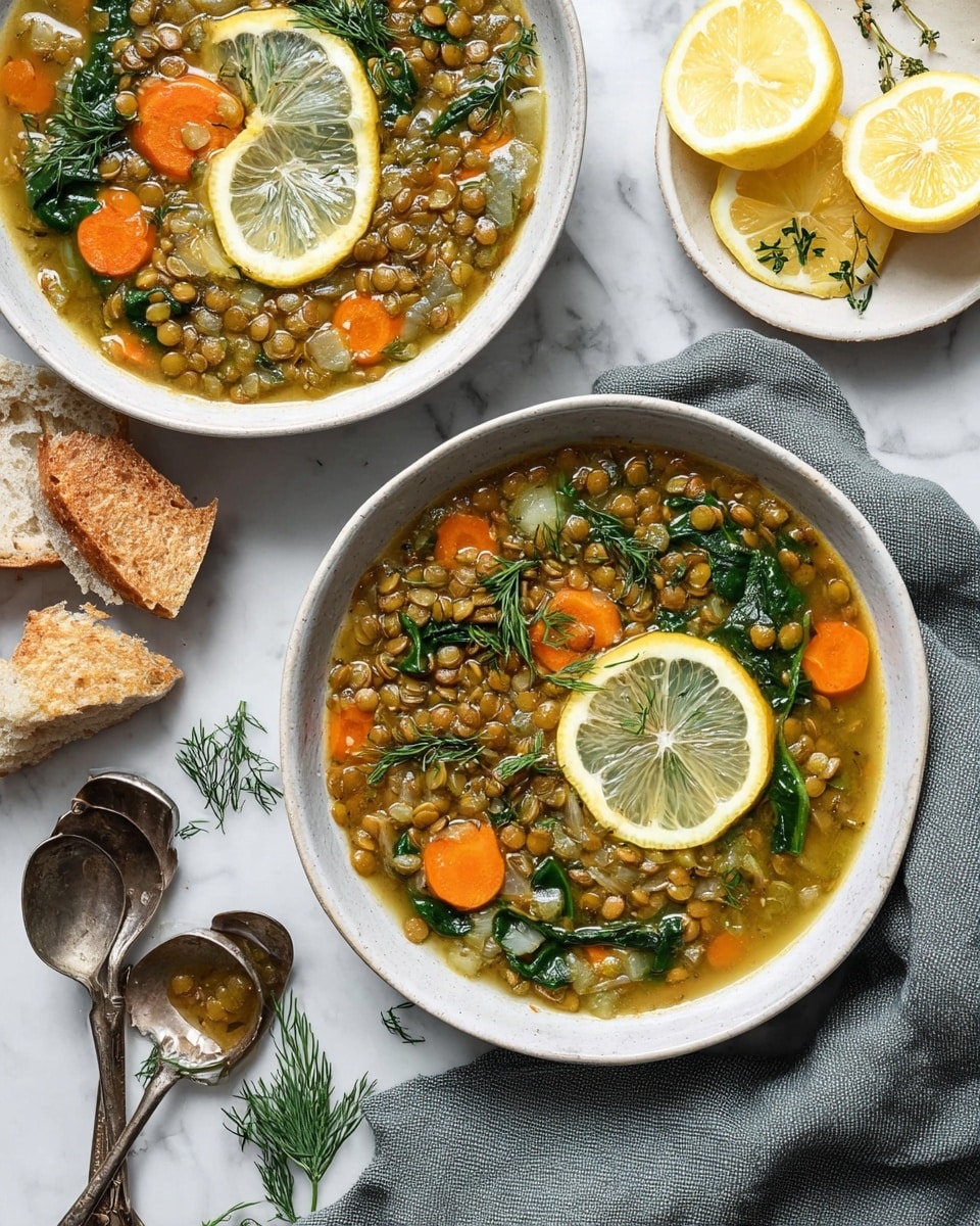 Two white bowls are filled with lentil soup that has green lentils, bright orange carrot slices, dark green spinach leaves, and small pieces of onion in a light brown broth. Each bowl is topped with three thin lemon slices and small sprigs of fresh dill scattered on top. Around the bowls, there are pieces of torn light brown crusty bread, a small white dish with extra lemon wedges, a pair of silver spoons, and a grey cloth, all set on a white marbled surface. The soup looks warm and hearty with a mix of smooth and chunky textures photo taken with an iphone --ar 4:5 --v 7