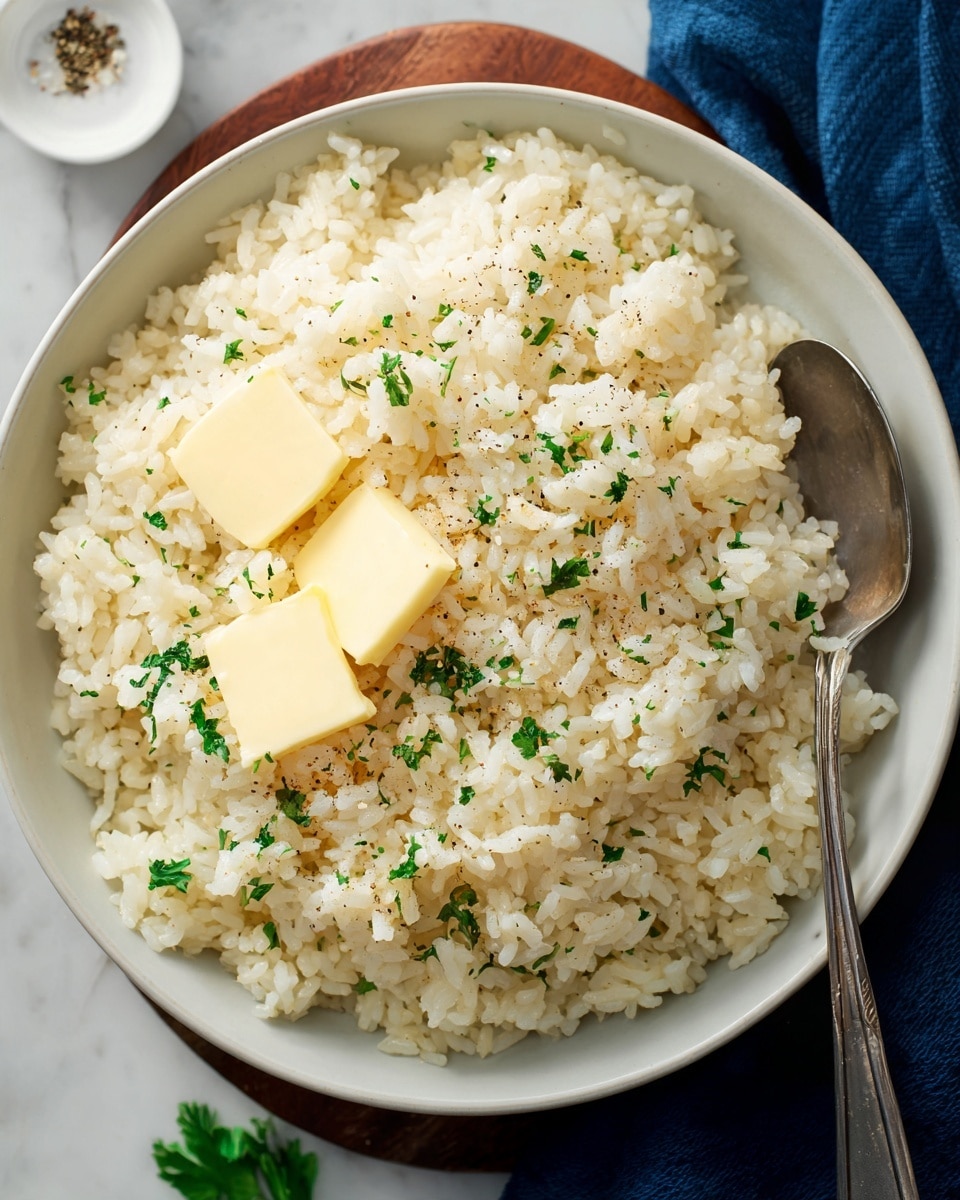 A bowl of cooked white rice fills the space with light, fluffy grains. Two square pieces of butter melt on top, showing a soft creamy yellow color. Small bits of green parsley are sprinkled evenly over the rice, adding fresh color. Tiny black pepper flakes spread across the rice surface, giving a slight texture contrast. The dish sits in a white bowl on a white marbled surface, with a silver spoon on the right side and a blue cloth folded nearby. Photo taken with an iphone --ar 4:5 --v 7