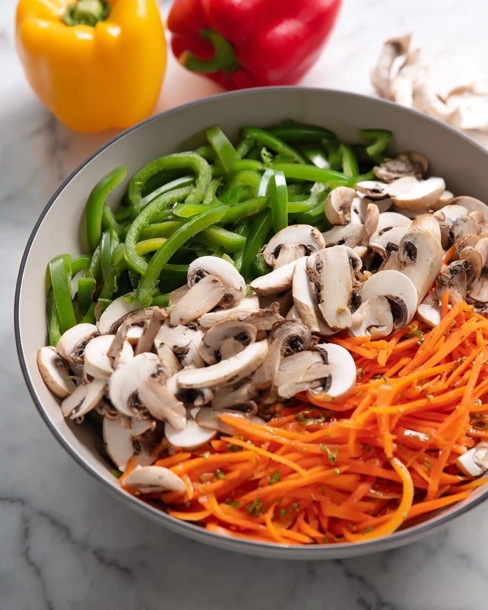 A white bowl filled with a fresh vegetable mix showing three main layers: the bottom layer is thin sliced green bell pepper strips, the middle layer is thin orange carrot strips, and the top layer is white sliced mushrooms with their light brown gills visible, all mixed evenly across the bowl. In the background are a yellow pepper and red pepper on a white marbled surface. Photo taken with an iphone --ar 4:5 --v 7