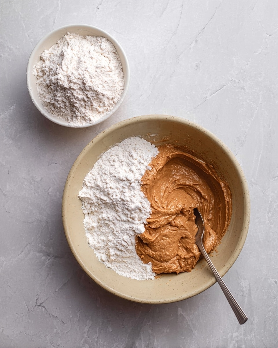 A top view of a beige bowl placed on a white marbled surface, inside the bowl there are two layers: on the left side, a smooth thick brown paste, and on the right side, white flour powder with a silver spoon partially sunk in it. Above the bowl, at the top left corner of the image, there is a white bowl filled with white flour powder. Photo taken with an iphone --ar 4:5 --v 7