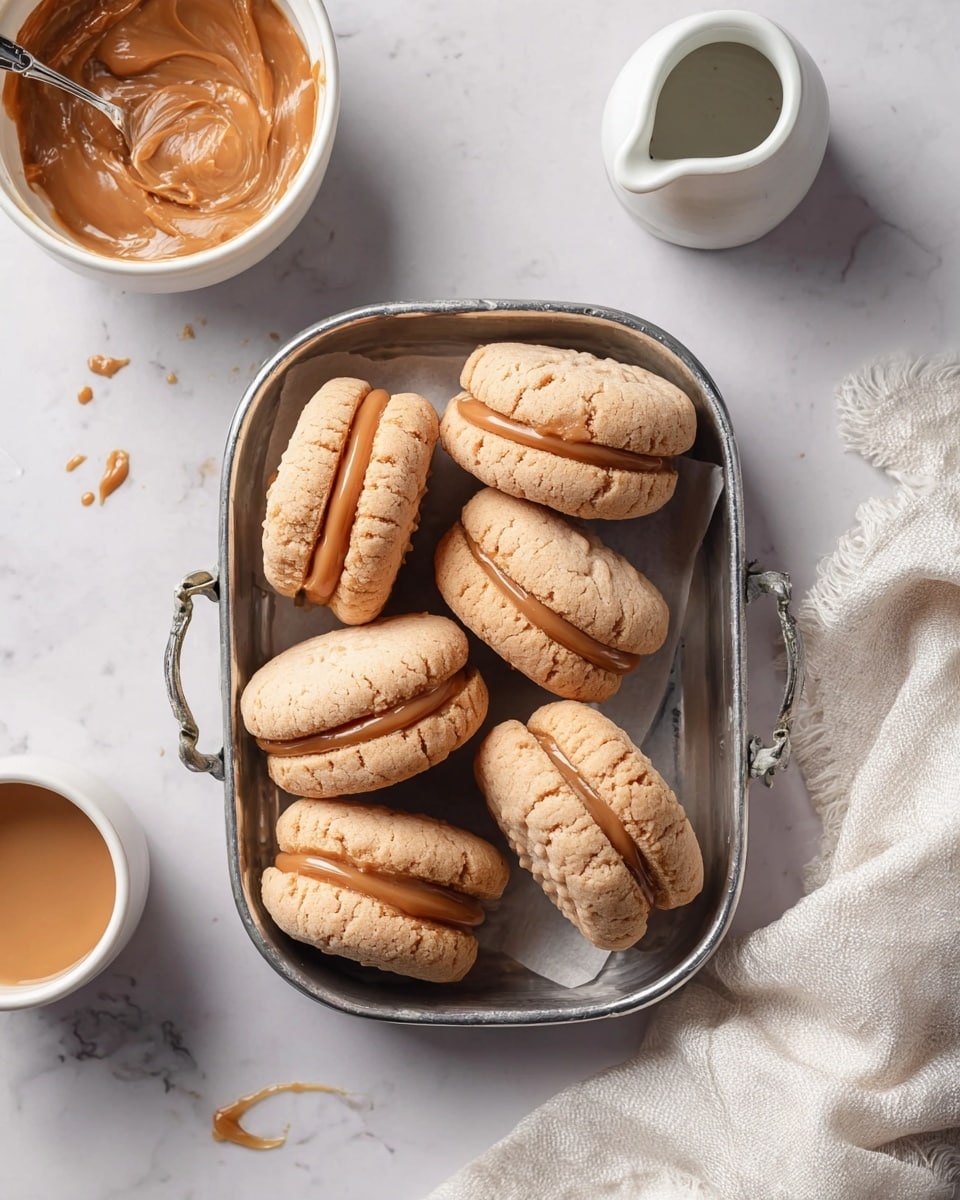 The image shows a metal tray filled with six sandwich cookies, each with two light brown, slightly cracked soft cookies layered with a smooth caramel-colored filling in the middle. The tray is placed on a white marbled surface. To the left, there is a white bowl holding some extra caramel-colored filling with a silver spoon inside it, and a white small pitcher with a liquid inside. On the right side, there is a white cloth with a rough texture partly seen. photo taken with an iphone --ar 4:5 --v 7