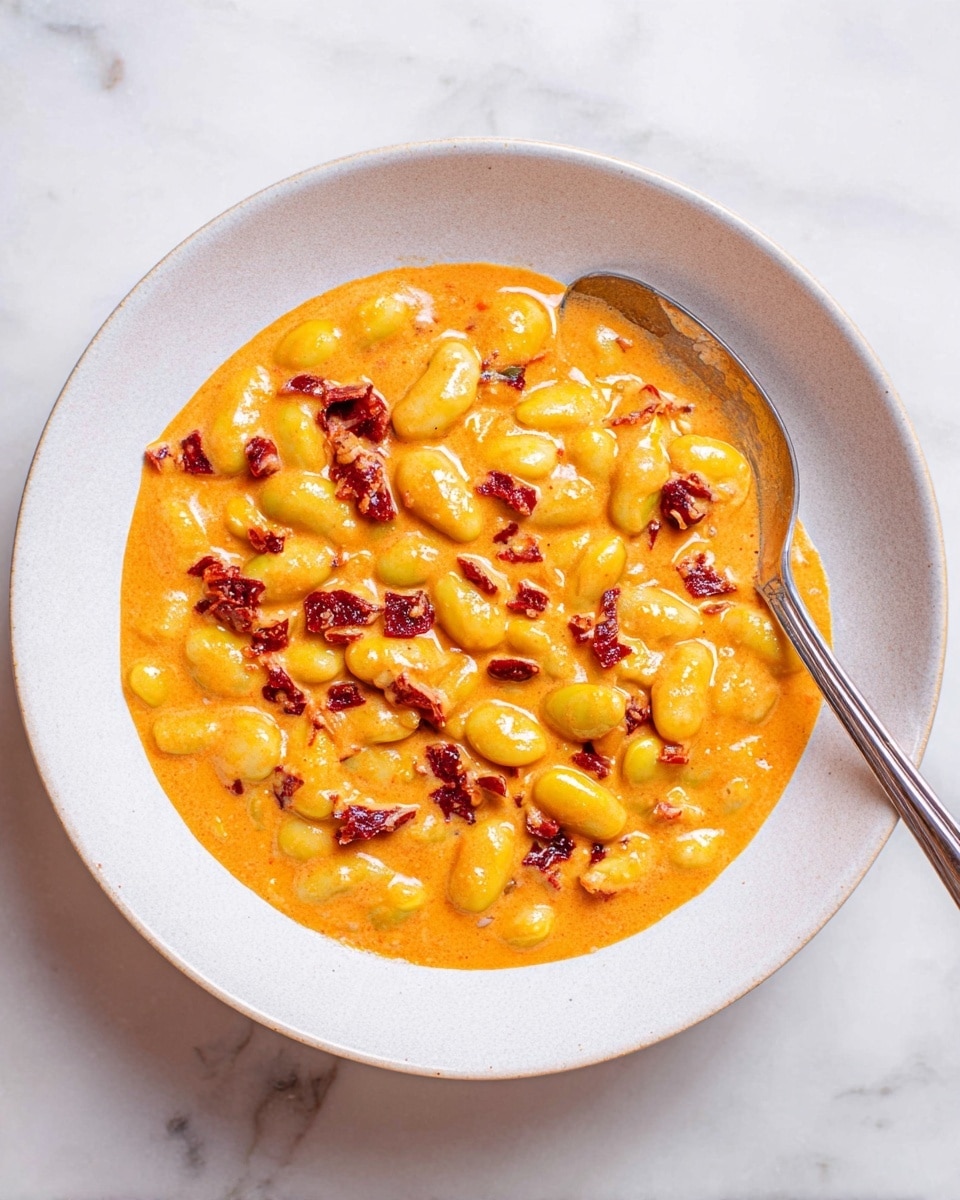 The image shows a close-up view of a shallow white bowl placed on a white marbled surface, filled with a creamy orange dish. The dish consists of two main layers: a base layer of soft, thick orange sauce with a smooth texture, and a top layer of large yellow beans mixed with small pieces of dark red bits spread evenly throughout. A silver spoon with a long handle is resting inside the bowl, partially covered by the sauce and beans. Photo taken with an iphone --ar 4:5 --v 7
