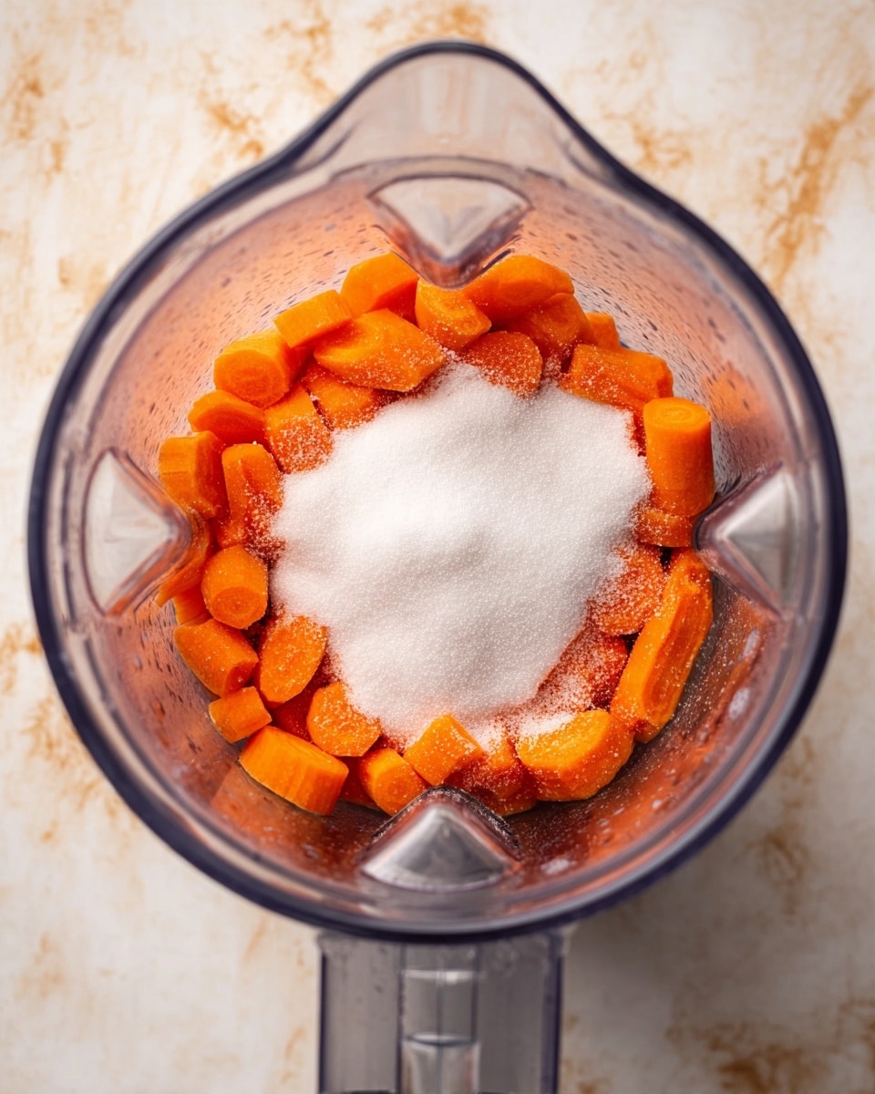 A clear blender jar filled with bright orange chopped carrots at the bottom, topped with a mound of white granulated sugar in the center, all placed on a white marbled surface, photo taken with an iphone --ar 4:5 --v 7
