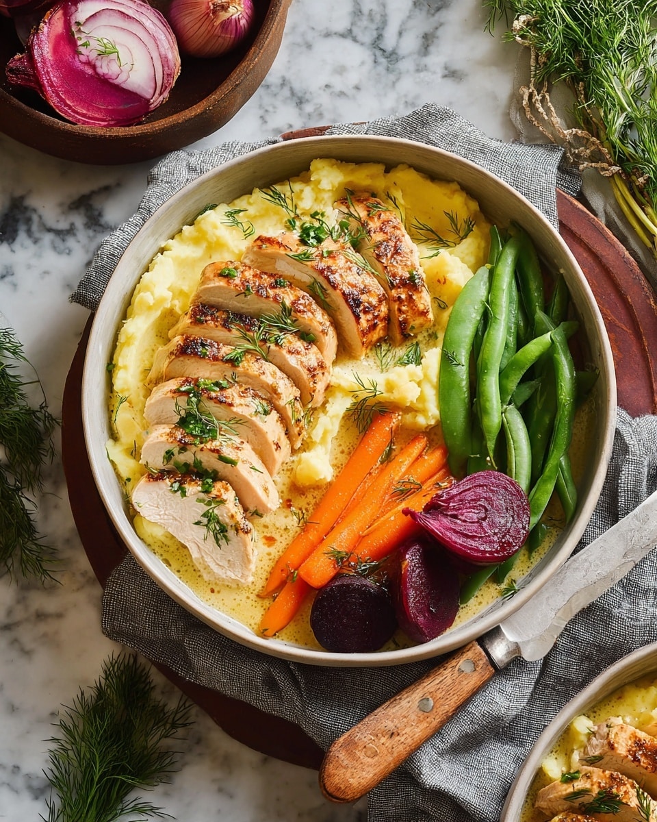 The dish shows a white bowl filled with creamy yellow mashed potatoes at the bottom layer. On top, sliced cooked chicken with a golden brown crust and juicy white inside is arranged in a fan shape on the left side, sprinkled with small green dill herbs. To the right, there are several bright orange baby carrots, green snap peas, and deep purple roasted vegetables including small beets and red onion pieces. The bowl rests on a light gray cloth, set against a white marbled surface, with a wooden-handled knife inside the bowl. Photo taken with an iphone --ar 4:5 --v 7