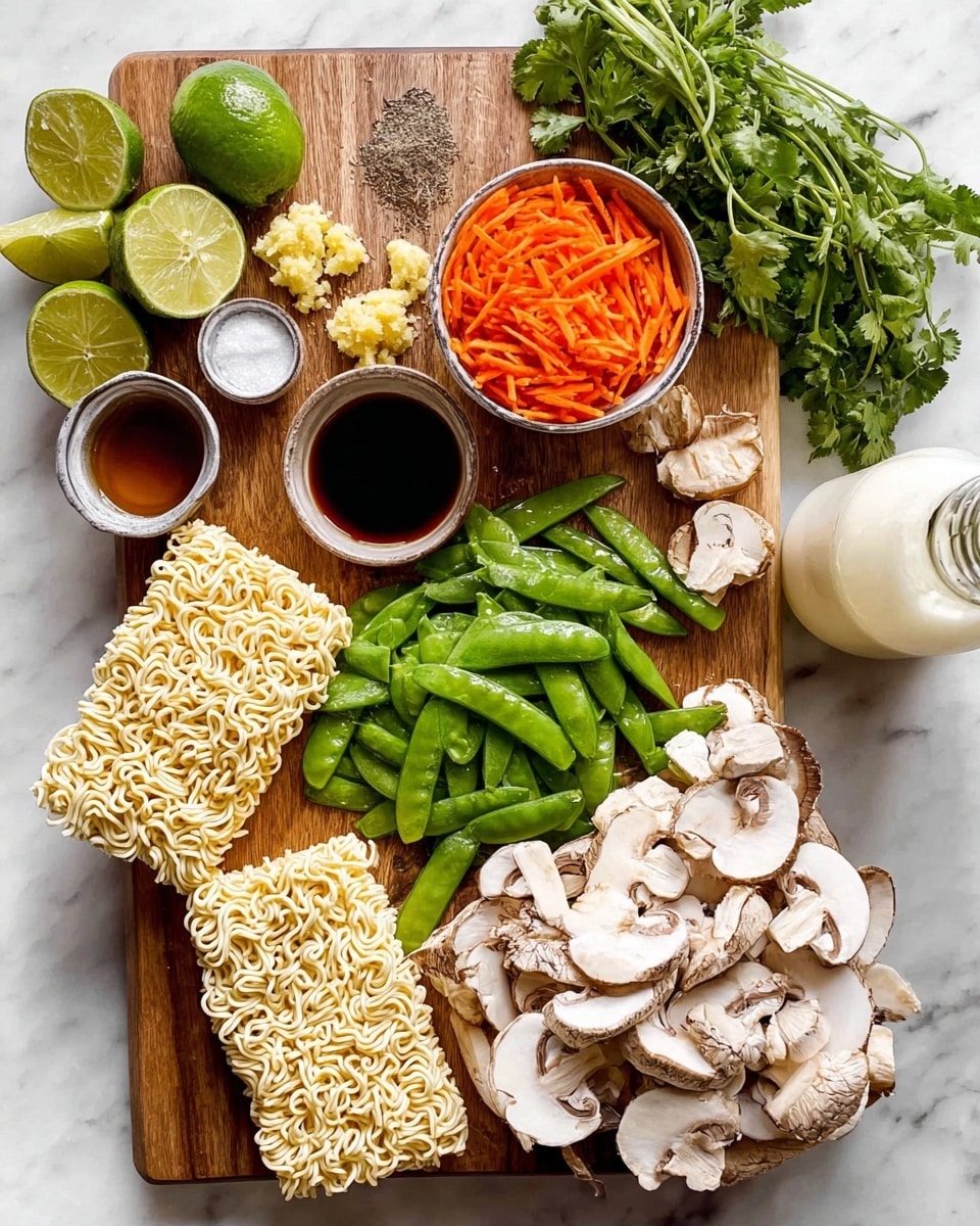 The image shows a wooden board on a white marbled surface, filled with fresh ingredients for cooking. On the board, there are two blocks of uncooked ramen noodles with a pale yellow color and a curly texture placed on the bottom left. Next to them is a small pile of minced garlic and ginger, both light yellow. Above that, there is a bright green pile of sugar snap peas. To the right of the peas, there are many white and light brown sliced mushrooms with a smooth texture. On the left, a silver measuring cup holds shredded bright orange carrots. Near the top left, there are four lime wedges with bright green skins. Around the board, small bowls contain salt, black pepper, dark soy sauce, and light brown liquid, along with a bunch of fresh green cilantro and a glass milk bottle. photo taken with an iphone --ar 4:5 --v 7