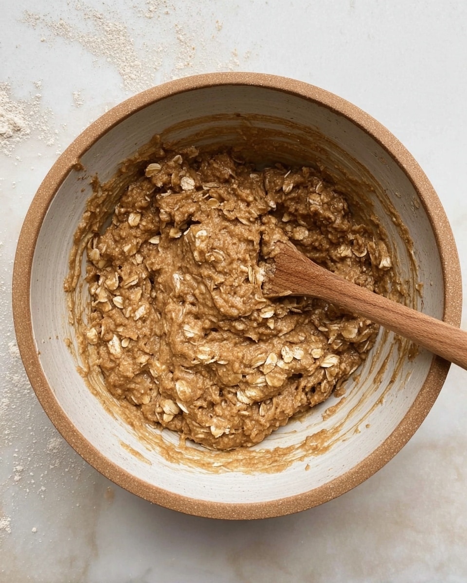 A round light brown ceramic bowl holds a thick mixture of oats and brown dough stirred inside. The mixture has a rough texture with visible oats spread evenly throughout. A wooden spoon rests in the bowl, slightly covered with the same dough. The bowl is placed on a white marbled surface with some small scattered grit. Photo taken with an iphone --ar 4:5 --v 7