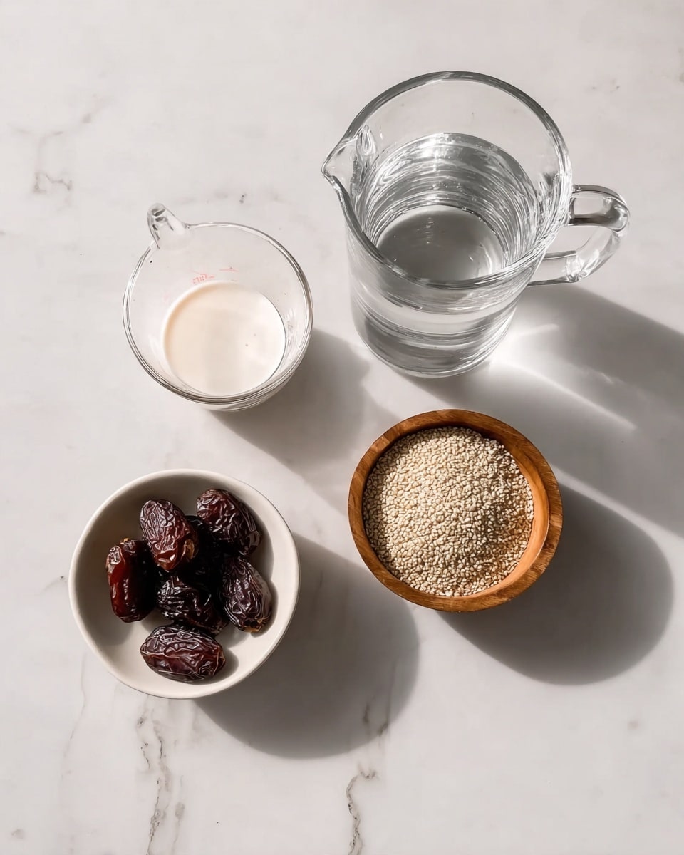 The image shows four containers on a white marbled surface. At the top right, there is a clear glass pitcher filled with water. To the left of it, there is a small clear glass measuring cup filled with white milk. Below the water pitcher is a small round wooden bowl filled with pale sesame seeds. At the bottom left, there is a small white bowl with several dark brown dates inside. The arrangement is neat and minimalistic, with natural light brightening the scene and soft shadows visible. photo taken with an iphone --ar 4:5 --v 7