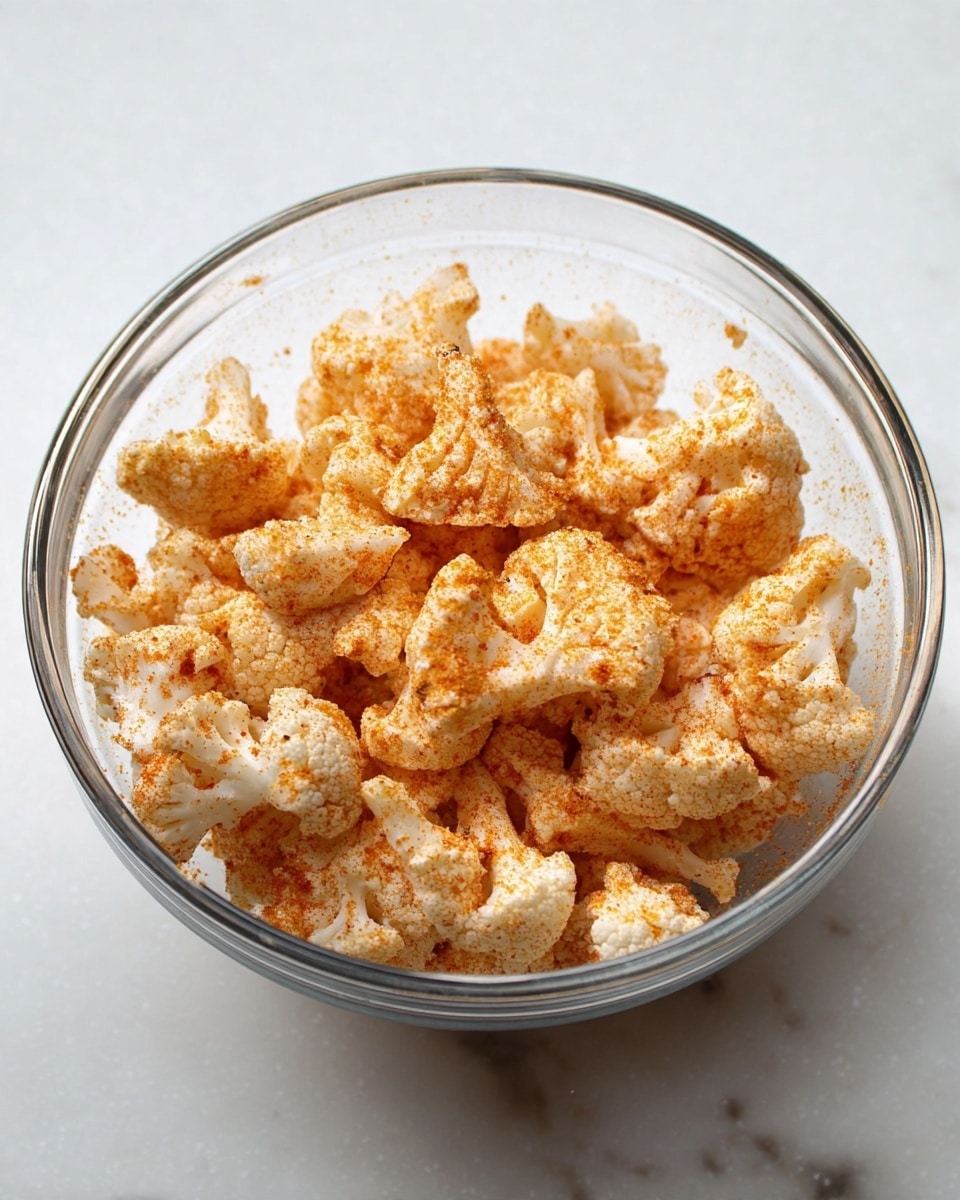 The image shows a clear glass bowl filled with small white cauliflower florets covered in a light orange powdery spice. The florets are unevenly shaped, with a soft, bumpy texture, and the orange spice is sprinkled all over them, creating a contrast between the white cauliflower and the warm color of the seasoning. The bowl sits on a white marbled surface, and the scene is brightly lit with natural light, highlighting the texture of both the cauliflower and the spice. photo taken with an iphone --ar 4:5 --v 7
