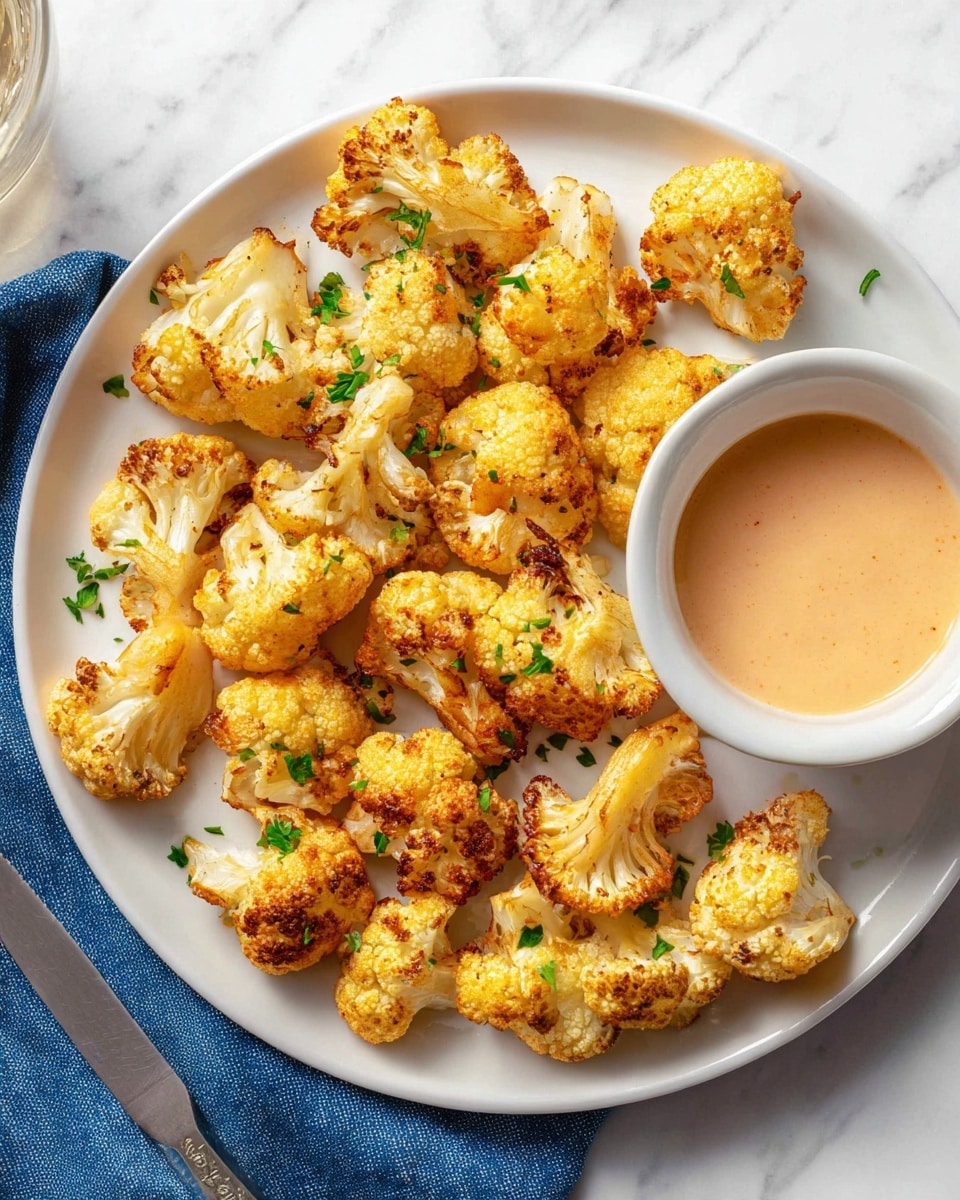 A white plate holds a single layer of roasted cauliflower florets, each piece golden-yellow with light brown edges and a slightly crispy texture. Small green parsley bits are sprinkled over the cauliflower, adding a touch of color. To the right side of the plate, a round white bowl contains a smooth, creamy dipping sauce with a light orange tint. The plate sits on a white marbled surface with a blue cloth under the bottom left edge of the plate and a knife placed near the bottom right corner. Photo taken with an iphone --ar 4:5 --v 7