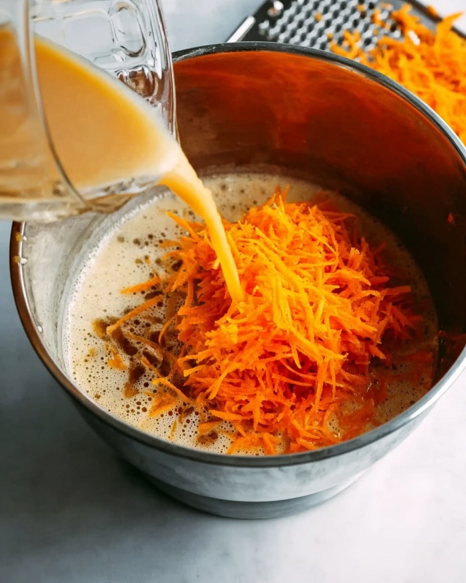 A close-up view of a metal mixing bowl on a white marbled surface. Inside the bowl, there is a layer of light brown frothy liquid at the bottom. On top of this liquid, a layer of bright orange shredded carrots is placed. A clear glass container held by a woman's hand is pouring more light brown liquid into the bowl, slightly mixing with the carrots. A metal grater and more shredded carrots are scattered on the white marbled surface near the top side of the image. Photo taken with an iphone --ar 4:5 --v 7