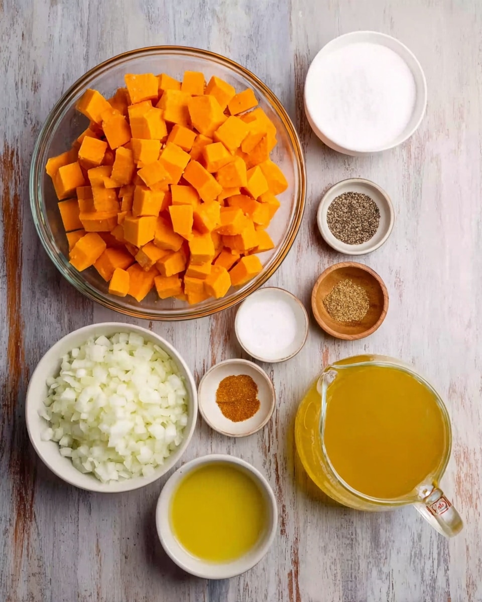 The image shows a top view of eight small bowls and a large glass bowl arranged on a white marbled textured surface. The large glass bowl at the top center is full of bright orange diced sweet potatoes. To the right of it, there is a small white bowl with black pepper and a larger white bowl filled with white granulated sugar. Below the sugar bowl is a clear glass measuring cup filled with golden yellow broth. On the bottom left, there is a white bowl with finely chopped white onions. In the middle bottom, three small white bowls hold minced garlic, golden oil, and salt, while a small wooden bowl contains a brown spice. The colors are vibrant with orange, white, yellow, and brown tones. photo taken with an iphone --ar 4:5 --v 7