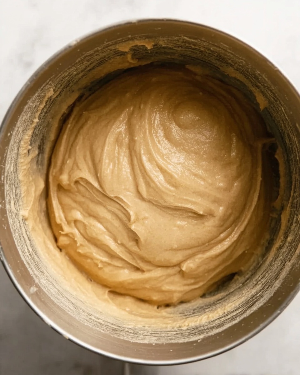 A close-up image of thick, creamy batter inside a stainless steel mixing bowl. The batter is smooth and light brown, with a slightly shiny surface showing soft peaks and swirls made from stirring. The bowl's inner sides are coated with some batter smears, and the texture looks dense yet soft, ready to be baked or cooked. The background consists of a white marbled surface, making the bowl and batter stand out. photo taken with an iphone --ar 4:5 --v 7