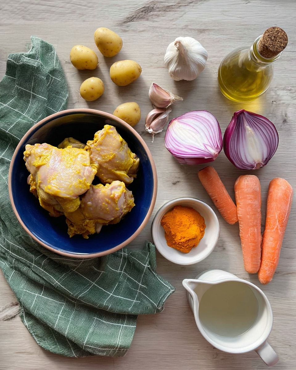 The image shows a selection of raw ingredients arranged on a white marbled surface. On the left, a blue bowl with raw chicken thighs coated with a yellow marinade sits on a green cloth with a white grid. Scattered beside the bowl are small yellow potatoes and a piece of ginger. Towards the top right, there is a glass bottle of olive oil, a whole garlic bulb with two garlic cloves next to it, and a half-cut red onion with purple and white layers visible. Below them is a small white bowl with orange paste, next to two whole carrots and a small white jug, possibly with cream. At the bottom center is a white cup filled with a clear liquid. The photo looks natural and simple, photo taken with an iphone --ar 4:5 --v 7