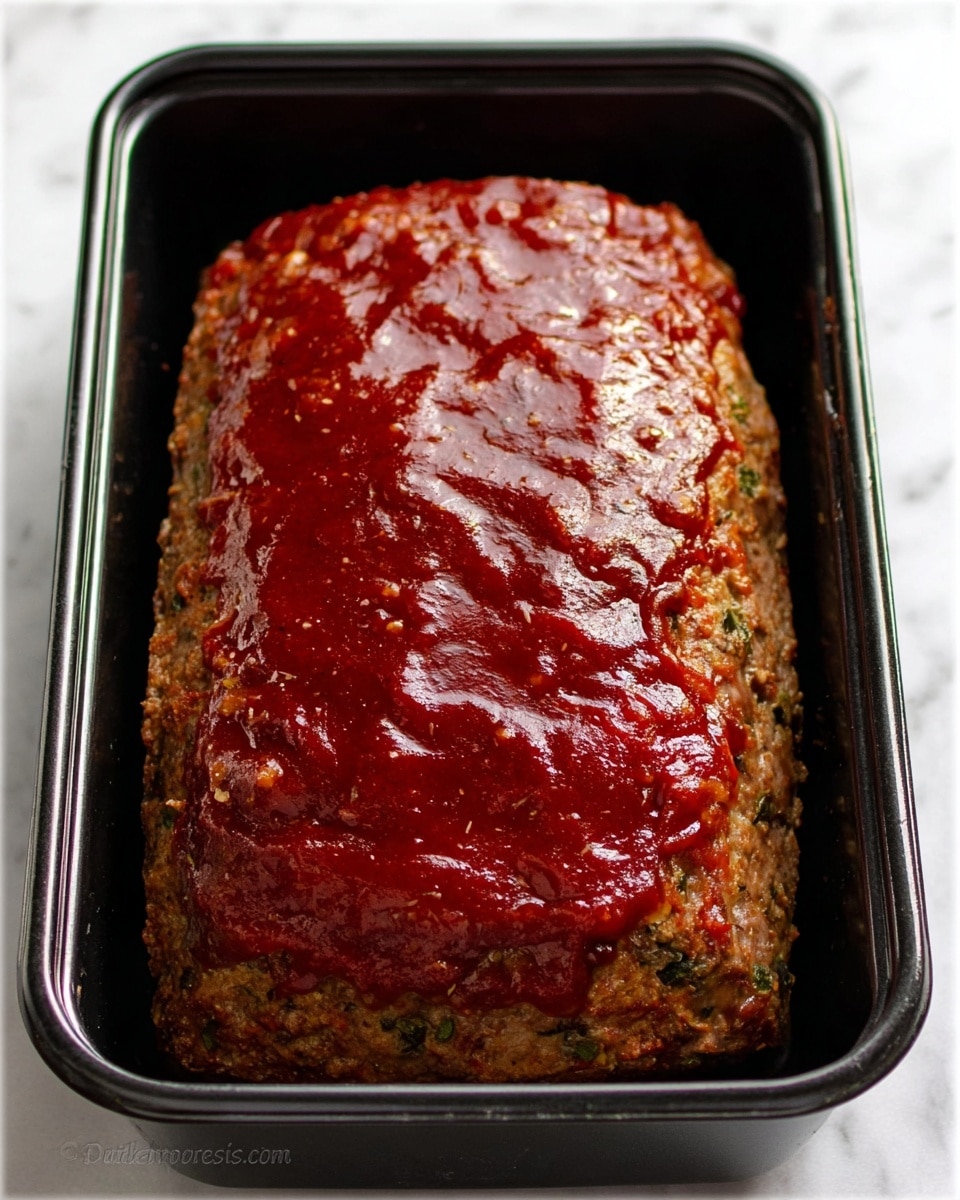 A rectangular meatloaf sits inside a black loaf pan, with a thick layer of dark red sauce bubbling and spreading evenly over the top, giving it a moist and shiny texture. The loaf itself is brown with hints of green herbs visible, and the sides are firm showing the dense but soft texture of the meat mixture. The pan is set against a white marbled surface. photo taken with an iphone --ar 4:5 --v 7