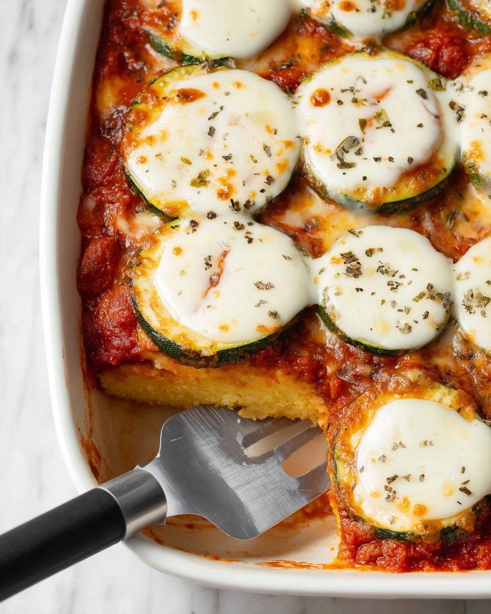 A white dish with a thick yellow base layer that looks soft and slightly grainy, topped with a red tomato sauce layer that is spread evenly. On top of the sauce, there are round green slices of zucchini arranged neatly in rows, each covered by white melted cheese rounds that are slightly browned around the edges with small black pepper specks. The dish has one piece removed, showing the layers clearly, and a metal spatula with a black handle rests on the dish near the empty space. The surface beneath the dish is a white marbled texture. photo taken with an iphone --ar 4:5 --v 7