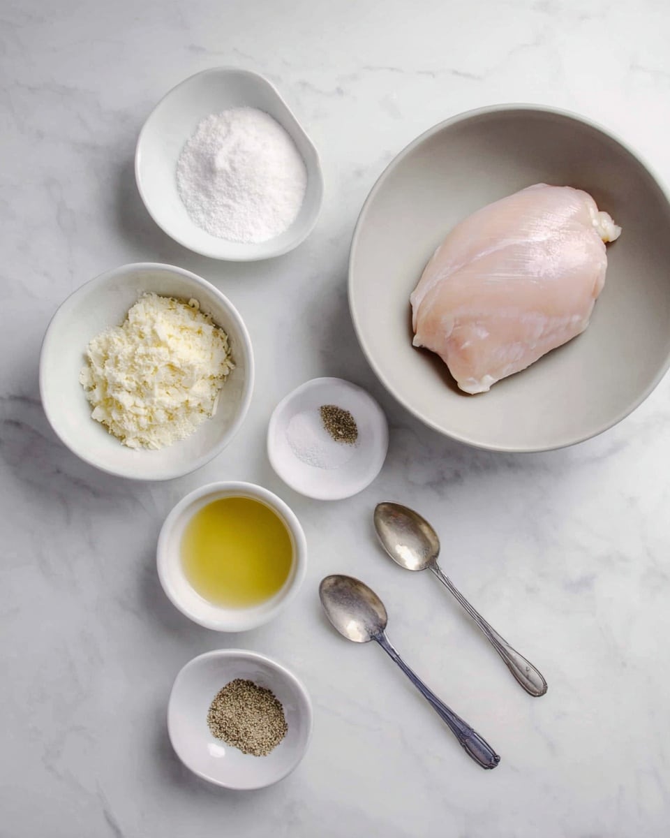 A light gray bowl holds one raw chicken breast on the right side of the image, surrounded by six smaller white bowls and spoons containing various ingredients such as white salt, powdery white baking powder, yellowish minced garlic, clear light yellow liquid, and fine black pepper, all arranged neatly on a white marbled surface. photo taken with an iphone --ar 4:5 --v 7