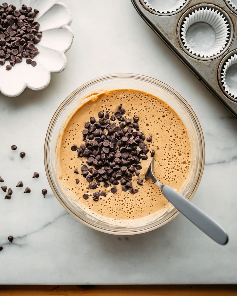 A clear glass bowl filled with a light brown, foamy batter with small bubbles on the surface, topped with a pile of small dark brown chocolate chips mainly grouped in the middle left, a gray spatula resting inside the bowl on the right side, all placed on a white marbled surface. Nearby, there is a white flower-shaped plate on the top left with some scattered chocolate chips around, and a metallic muffin tray with white paper cups on the top right. Photo taken with an iphone --ar 4:5 --v 7