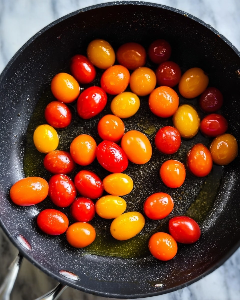 Inside a shiny black pan, there is a single layer of small whole cherry tomatoes scattered around. The tomatoes come in three colors: bright red, vibrant orange, and sunny yellow. Some glisten with a thin, shiny coat of oil on their smooth skin. The pan shows a little bit of oil pooling near the tomatoes on a speckled black cooking surface. The background is a white marbled texture. photo taken with an iphone --ar 4:5 --v 7