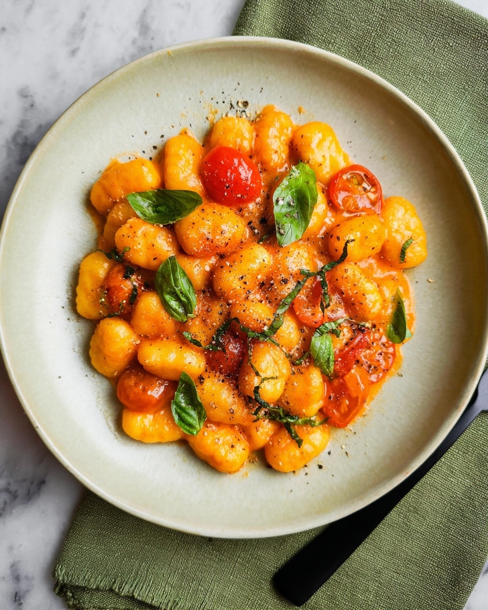A white plate filled with a single layer of soft gnocchi coated in a smooth orange sauce sits on a white marbled surface. The gnocchi pieces are plump and rounded, with a glossy texture from the sauce. Mixed in are halved cherry tomatoes, bright orange and red, adding a slightly juicy look. Scattered fresh green basil leaves rest on top, adding pops of vibrant color. Black pepper is sprinkled across the dish, adding a contrast speckled effect. The plate is placed on a green cloth napkin, and a black utensil is partially visible beside it. Photo taken with an iphone --ar 4:5 --v 7