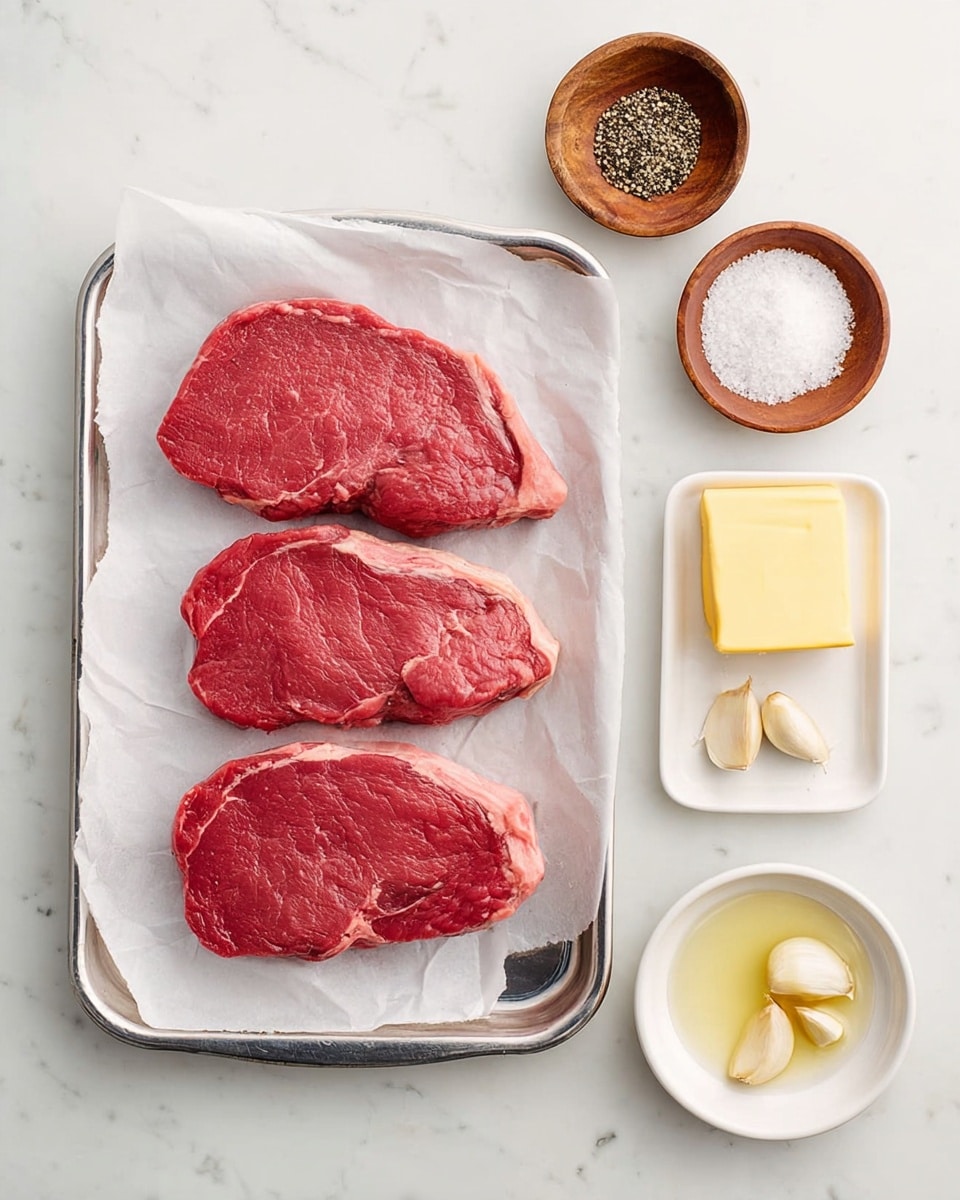 The image shows three raw red meat steaks side by side on a silver tray lined with white parchment paper, placed on a white marbled surface. Above the tray are two small wooden bowls, one filled with black pepper and the other with white coarse salt. To the right of the tray, there are three white dishes: the top one holding a small block of yellow butter, the middle one containing three whole garlic cloves, and the bottom one filled with a small amount of clear liquid. photo taken with an iphone --ar 4:5 --v 7
