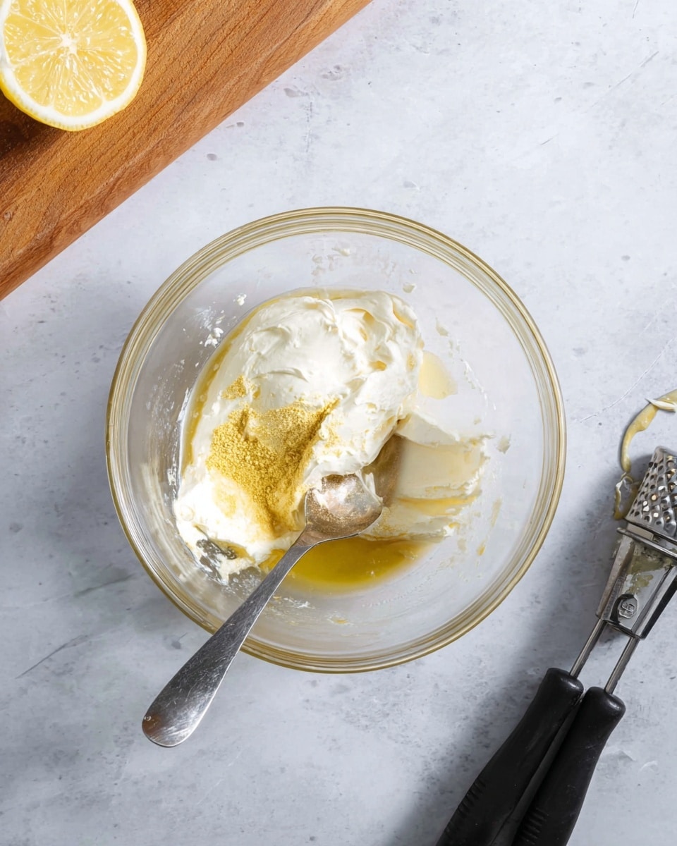A clear glass bowl sits on a white marbled surface, holding three visible layers: a thick white creamy layer with some texture, a golden-yellow powdery layer on one side, and a thin shiny layer of liquid pooling around the edges. Nearby, a silver spoon with some cream residue rests on the surface, and a garlic press with black handles lies to the right. A wooden cutting board with a thick lemon wedge appears at the top left corner. The photo taken with an iphone --ar 4:5 --v 7