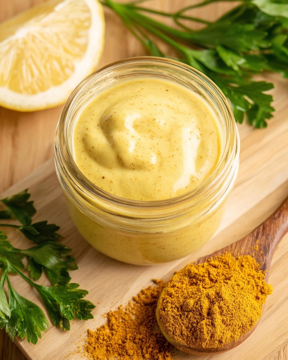 A small glass jar filled with a creamy yellow sauce that has a smooth texture with tiny specks mixed in. The jar sits on a light wooden surface next to a lemon wedge with bright yellow and pale white colors on the rind, fresh green parsley leaves, and a wooden spoon holding a heap of yellow curry powder, some of which is spilled onto the board. Everything is arranged closely together, showing a warm and fresh feel. Photo taken with an iphone --ar 4:5 --v 7