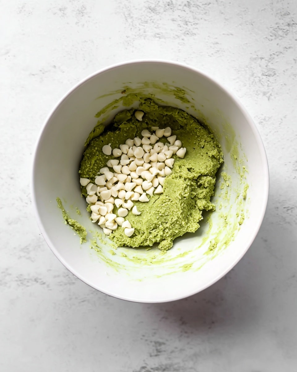 A white bowl holds a green dough with a smooth but slightly crumbly texture at the bottom. On top and around the dough are many small white chocolate chips, scattered mainly in the middle and left side of the dough. The inside sides of the bowl have faint traces of the green dough, showing it was recently mixed or scooped. The bowl is placed on a white marbled surface, which contrasts with the bright green dough and white chips. photo taken with an iphone --ar 4:5 --v 7