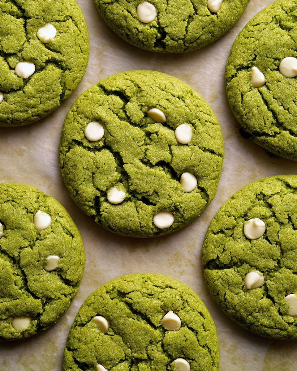 The image shows several round green cookies with a rough, cracked surface arranged close together on light brown parchment paper over a white marbled background. Each cookie is thick with a soft texture and has scattered white chocolate chips embedded on the top, adding contrast to the vibrant green color. The cookies are evenly spaced but touching slightly at the edges, showing their homemade, rustic look. photo taken with an iphone --ar 4:5 --v 7