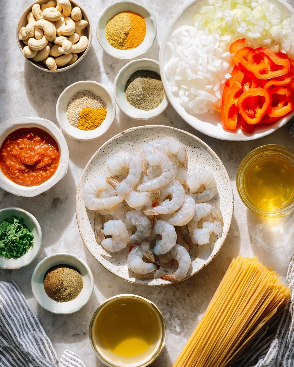 A top view of various cooking ingredients laid out neatly on a white marbled surface: at the center is a white speckled plate with raw peeled shrimp arranged in a loose pile showing their pale grayish-white color with pink tails. To the upper right, a white plate holds orange and red sliced bell peppers next to finely chopped white onions. Above the shrimp plate, a small white bowl contains seven different dry spices in separate sections, showing colors like yellow, green, brown, and red. Surrounding these are small dishes and bowls including a bowl of whole cashew nuts, a cup with a bright red paste, a couple of small bowls filled with golden-yellow liquid, another bowl with chopped fresh green herbs, minced garlic on a small white dish, a bundle of uncooked light brown spaghetti noodles, and a clear glass cup filled with light brown broth or stock. A striped cloth is partially visible on the right side. The lighting is bright and natural, highlighting the colors and textures of the ingredients. photo taken with an iphone --ar 4:5 --v 7
