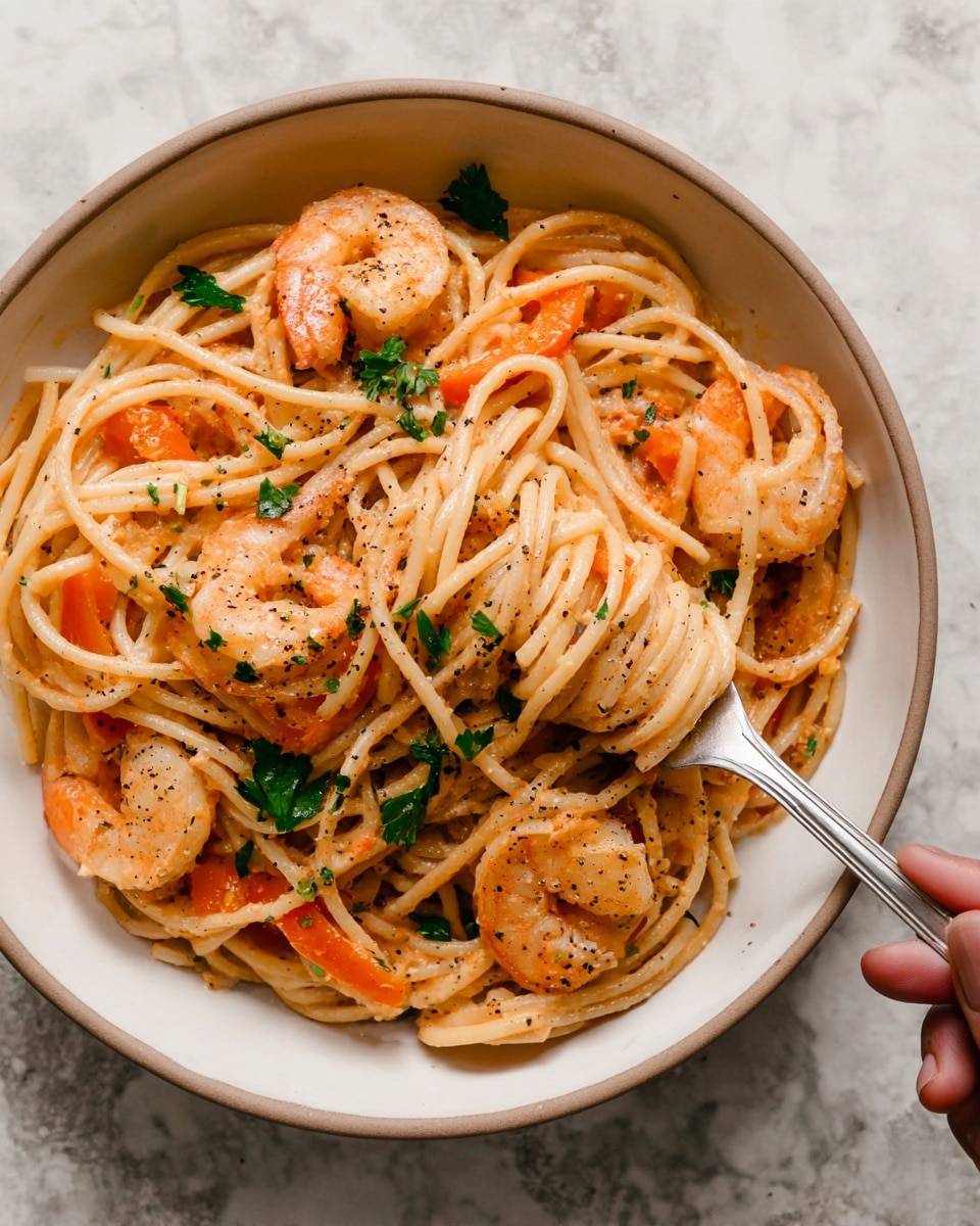 A white bowl filled with a large serving of spaghetti noodles mixed with orange shrimp and orange bell pepper slices. The noodles are coated in a lightly creamy, slightly orange sauce speckled with black pepper. Fresh green parsley pieces are sprinkled on top for color. A silver fork is twirling some noodles and a shrimp on the right side of the bowl, held by a woman's hand. The background is a white marbled surface. photo taken with an iphone --ar 4:5 --v 7