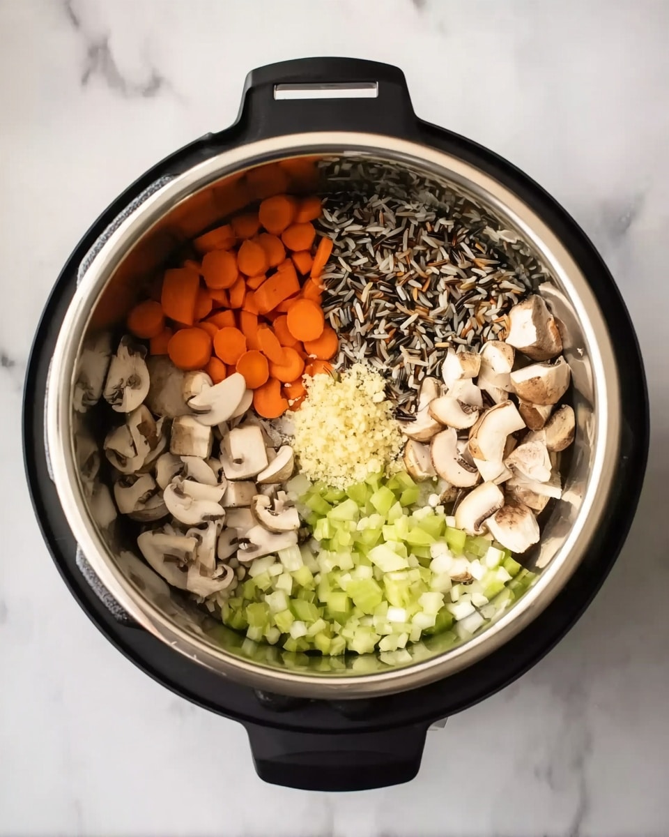 Inside a black electric pot with silver inner walls, there are five separate piles of chopped ingredients arranged in a circle on a white marbled surface. Starting from the top left and moving clockwise: small orange carrot pieces, light brown sliced mushrooms, a mix of wild rice with dark and beige colors, finely chopped white onions, and green celery chunks. In the middle, there is a small mound of minced garlic with a pale yellow color. The ingredients are fresh and neatly organized, ready for cooking. photo taken with an iphone --ar 4:5 --v 7