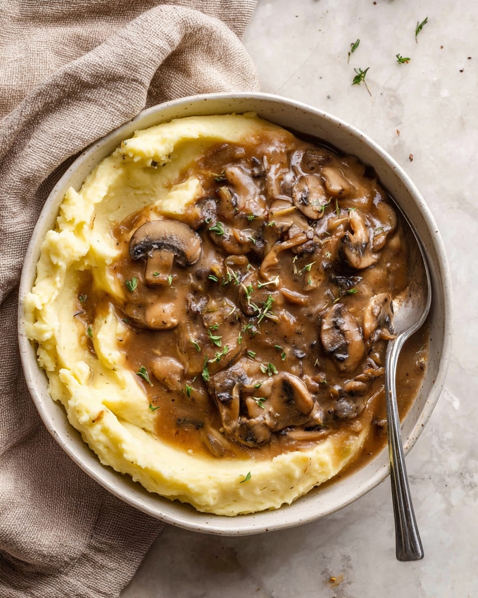 A white bowl filled with two layers: the bottom layer is smooth, light yellow mashed potatoes spread evenly around the edges, and the top layer is a thick, rich brown mushroom sauce with visible sliced mushrooms and small bits of herbs sprinkled on top, placed on a white marbled surface next to a beige cloth napkin, with a metal spoon resting in the bowl. photo taken with an iphone --ar 4:5 --v 7