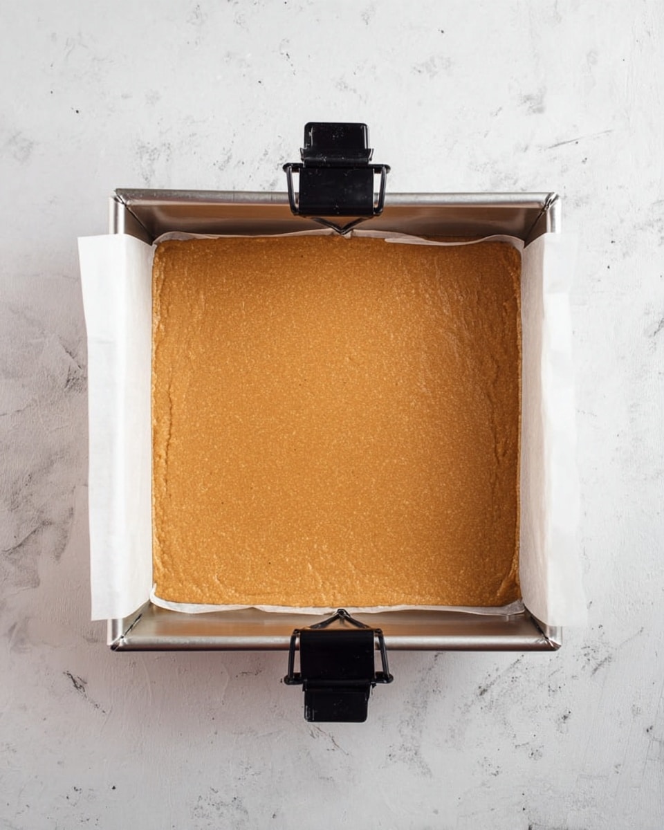 A square metal baking pan lined with white parchment paper held tightly by four black clips at each side contains one smooth and even layer of light brown batter with a slightly textured surface. The pan is placed on a white marbled surface, and the batter fills the pan almost to the edges, showing a uniform consistency without any toppings or additions visible. photo taken with an iphone --ar 4:5 --v 7