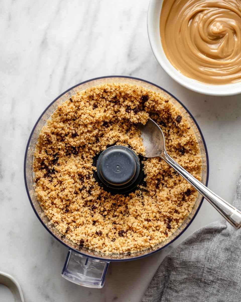 A clear round food processor bowl holds a crumbly mix with a golden-brown color and tiny dark specks mixed throughout. A metal spoon rests inside the mixture near the top edge, partially buried. To the right, a white bowl contains a smooth, light brown creamy sauce with a swirled texture on top. The scene is set on a white marbled surface with a gray cloth visible on the right edge. photo taken with an iphone --ar 4:5 --v 7