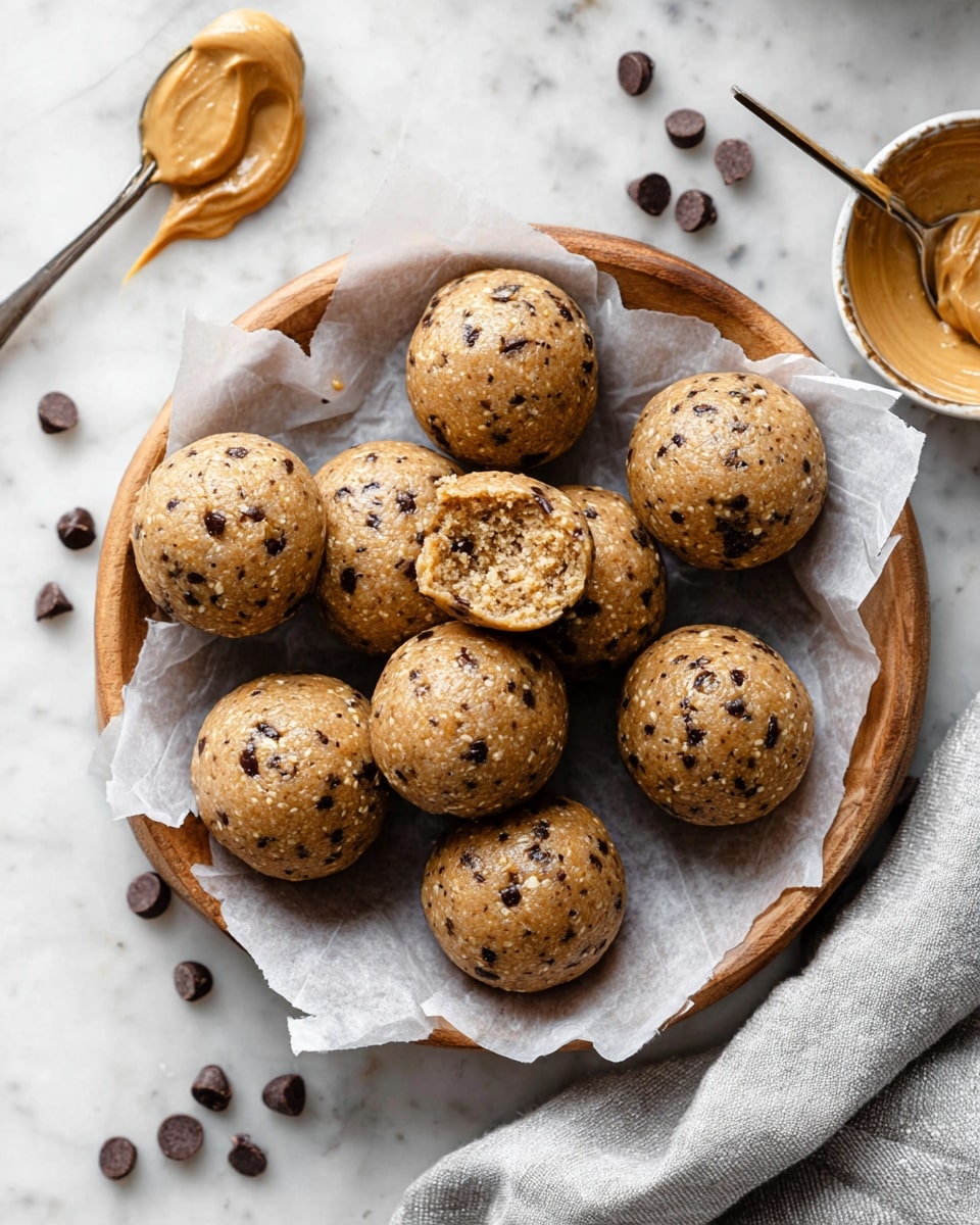 Nine round energy balls with a light brown color and specks of dark chocolate chips are placed on white parchment paper in a wooden plate, arranged tightly together with one showing a bite revealing a soft inside. A small spoon with smooth, creamy peanut butter lies near the balls, along with a few scattered chocolate chips around them. The entire scene sits on a white marbled surface with part of a gray cloth visible in the corner. photo taken with an iphone --ar 4:5 --v 7
