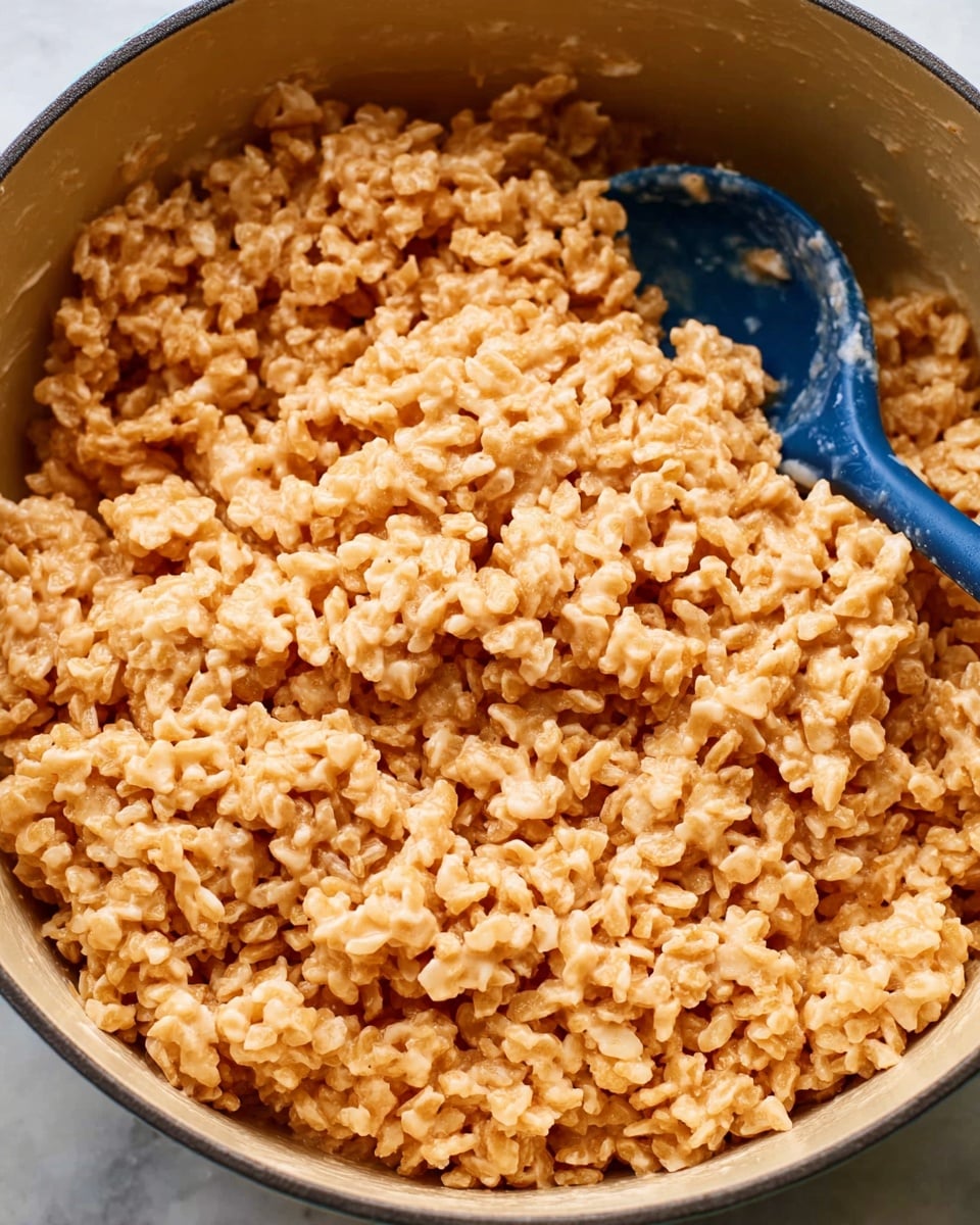 A close-up of a large pot filled with a mixture of light golden brown crispy rice cereal held together with a smooth, slightly shiny syrup, showing a rough, crunchy texture throughout. A blue serving spoon is partially covered by the cereal mixture, resting inside the pot. The pot is on a white marbled surface. Photo taken with an iphone --ar 4:5 --v 7