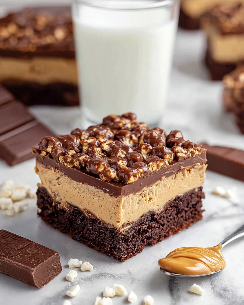 The image shows a square dessert with three layers placed on a white marbled surface. The bottom layer is a dark brown, soft-looking cake. The middle layer is creamy and light brown, spread thickly and smoothly, looking like peanut butter. The top layer is a chunky, glossy chocolate mix with a rough texture and small rice-like crispy pieces. Around the dessert, there are pieces of dark chocolate bars, small white rice crisps scattered on the surface, and a silver spoon with a dollop of peanut butter on it. In the background, there is a clear glass of white milk. The setting is bright and clear, focusing on the rich textures and colors of the dessert. Photo taken with an iphone --ar 4:5 --v 7