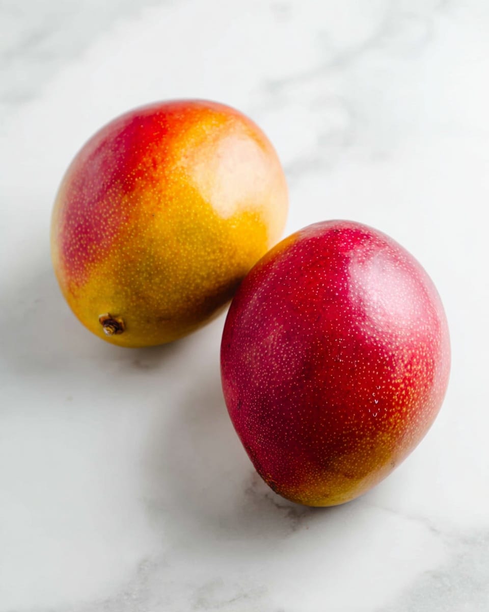 Two whole mangoes lie on a white marbled surface, each with smooth, rounded shapes and bright, colorful skins. One mango is mainly yellow with red and orange tones blending softly across its surface, while the other mango is mostly deep red with lighter specks giving it a textured look. Both mangoes have small short stems and soft highlights that show their fresh, shiny skin. The clean, light background makes the colors of the mangoes stand out clearly. Photo taken with an iphone --ar 4:5 --v 7